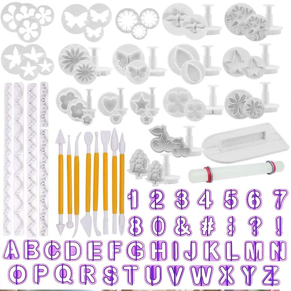 Juego de 108 moldes para fondant, letras, números y moldes para hornear, decoración de tartas, fondant, herramientas de modelado para tartas, herramientas para decoración de tartas