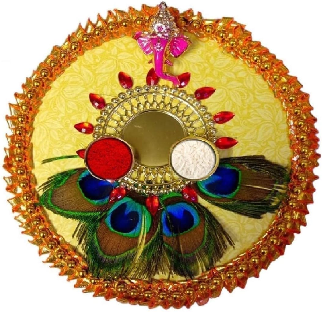 SATVIK Rakhi Puja Thali Set Platter For Brother Bhaiya Bhabhi with 2 Designer Rakhi Thread, Roli Chawal & Ram Sita Sticker Indian Festive Decorative Raksha Bhandhan Pujan Family Plate Set