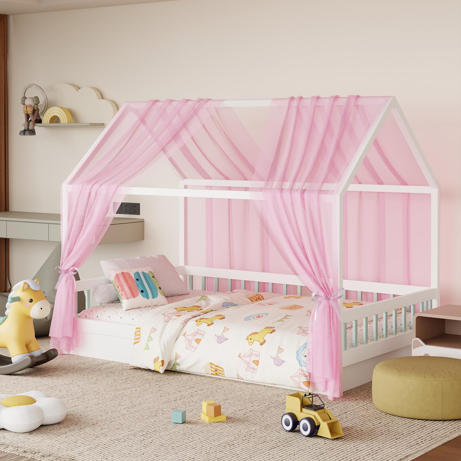 GFCC Hausbett Himmel Vorhänge 2er Set, Tüll Betthimmel Himmelbett für Hausbett Deko & Himmel für Kinderbett Mädchen & Jungen, 148x350cm Rosa