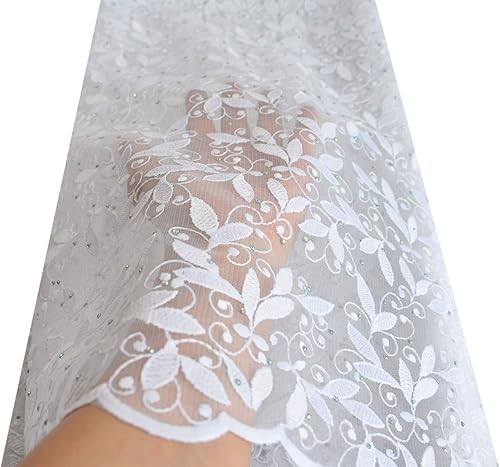 Miniatura 3 de SanVera17 Red de encaje africano con purpurina Telas de seda de leche Tela nigeriana bordada y cordón de guipur para fiesta boda (blanco) 5 yardas
