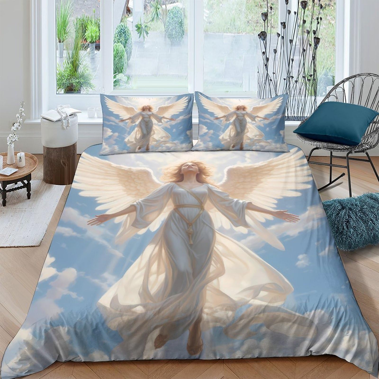 GPLZQXKJNH 3D Printed Angel Wings Duvet Cover Microfiber Soft Breathable Heaven Light Bedding Set with 2 Pillowcases for Bedroom Decor Single（135x200cm）