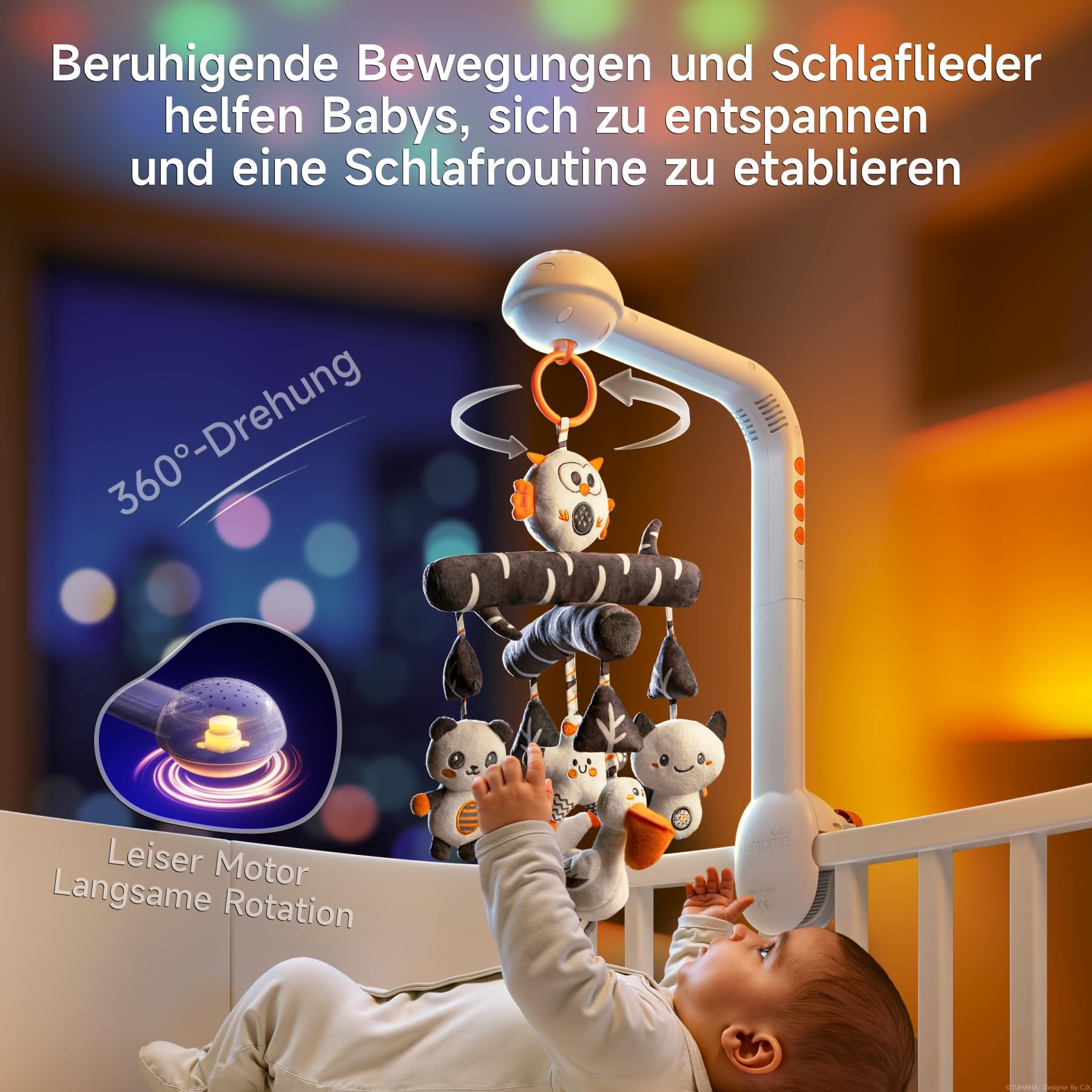 TUMAMA Baby Mobile Babybett Mit Musik, 3 In 1 Baby Mobiles Für Bett Mit Projektion Licht, Rotation, Musik Spieluhr, Drehbares Und Abnehmbares Greifspielzeug Zubehör Spielzeug Ab 0 2 3 6 9 12 Monate