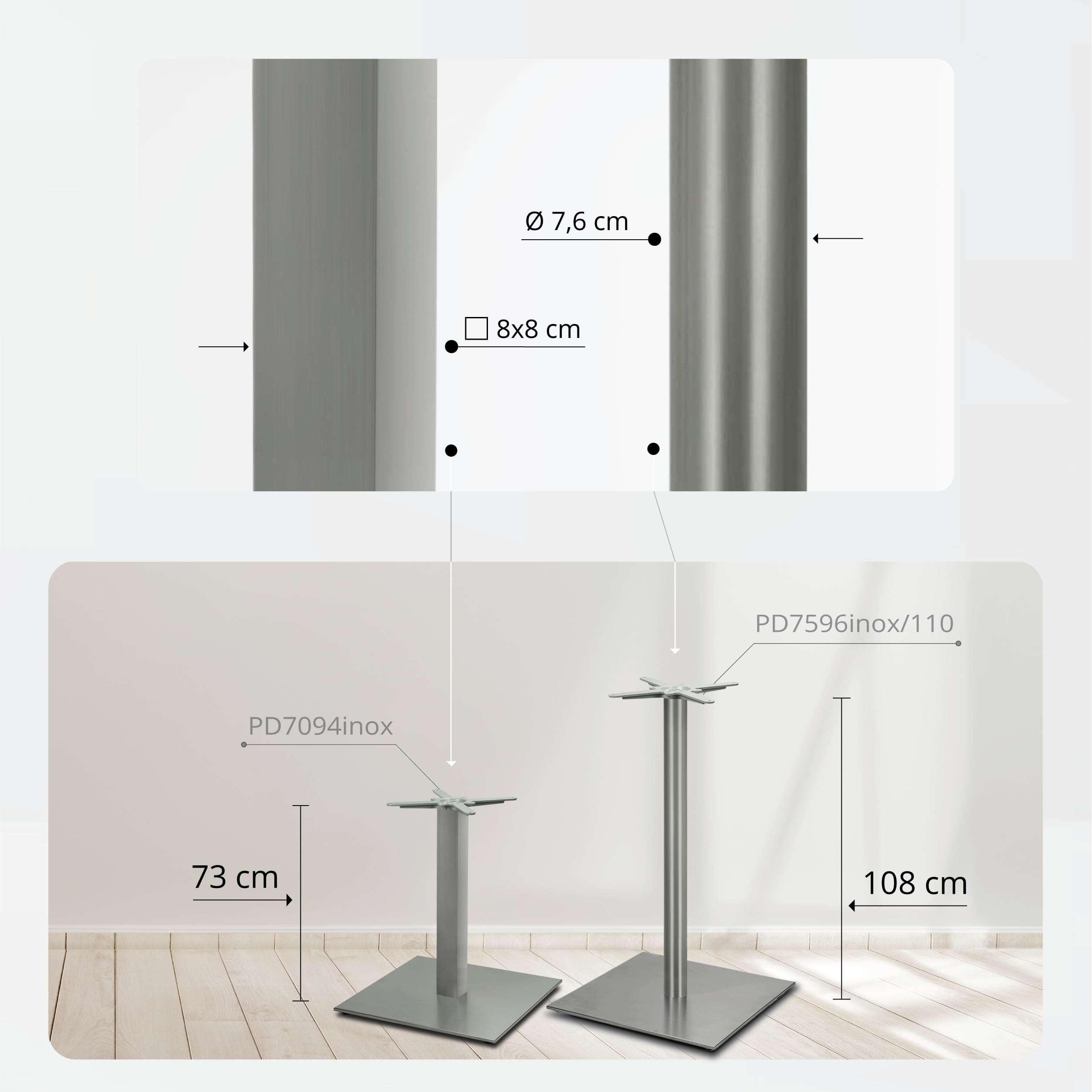Tischgestell Tischbein Edelstahl | Premium | PD7094inox | INOX | Esstisch | Höhe 73 cm | 33 kg | Bodenplatte 60x60 cm | max. Tischplattengröße 120x120 / Ø 160 cm