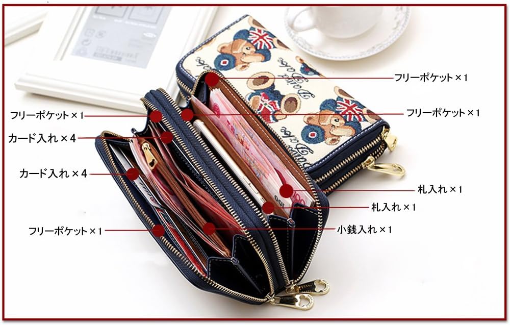 [holiwind] 長財布 ダブルジッパー 大容量 ストラップ付き カラフル テディベア 色選択可