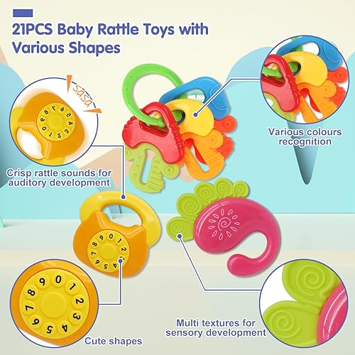 Miniatura 4 de Qizebaby Juego de 21 juguetes de sonajeros para bebé, juguetes para bebés de 3 a 6 meses, sonajero para bebés de 3, 4, 5, 6, 7, 8, 9, 10, 11, 12