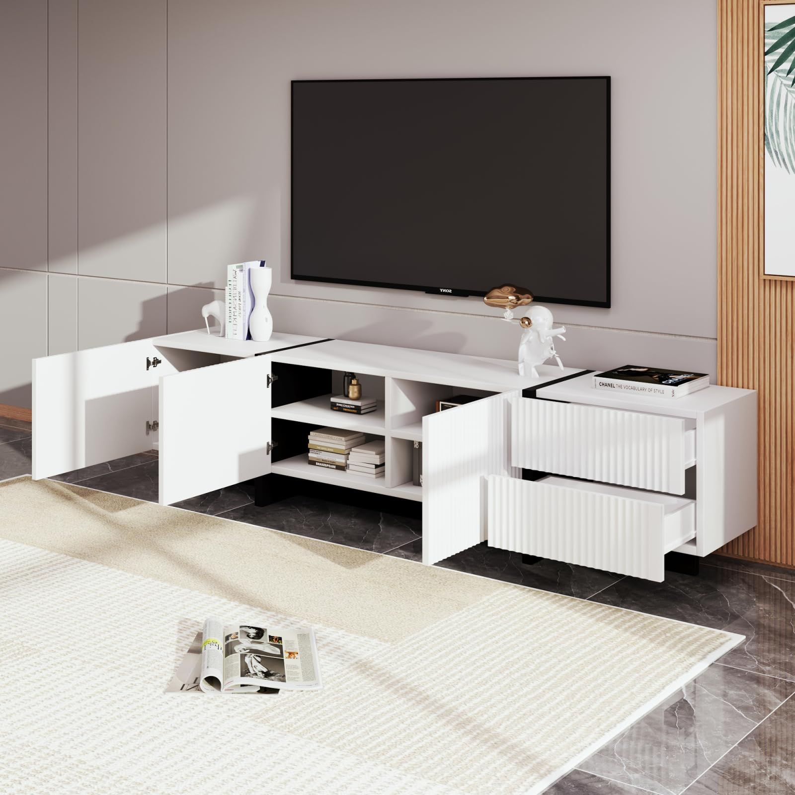 Mobile TV da 190 cm, mobile basso per TV con 3 ante e 2 cassetti, lucido per TV fino a 85 pollici, mobile TV per soggiorno, 190 x 35 x 45 cm, colore: bianco e nero