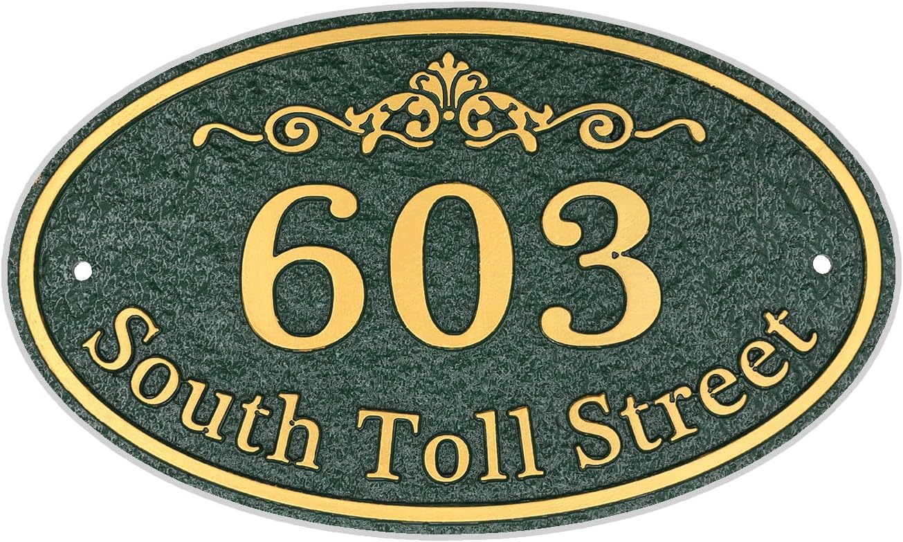 Oval Address Plaque Metal Option - Personalized House Number Sign Plaque,Address Sign,House Numbers for Outside House,Yard,Driveway,Fence,Mailbox,Gate Large 9.8 x 5.9 inch (Gold/Green)