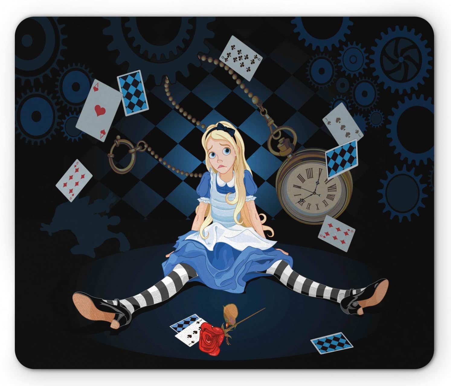 Ambesonne Alice in Wonderland Mouse Pad, Grown Giant Girl Sitting Flying Cards and Rose Checkered Cartoon, Rectangle Non-Slip Rubber Mousepad, Standard Size, Dark Blue