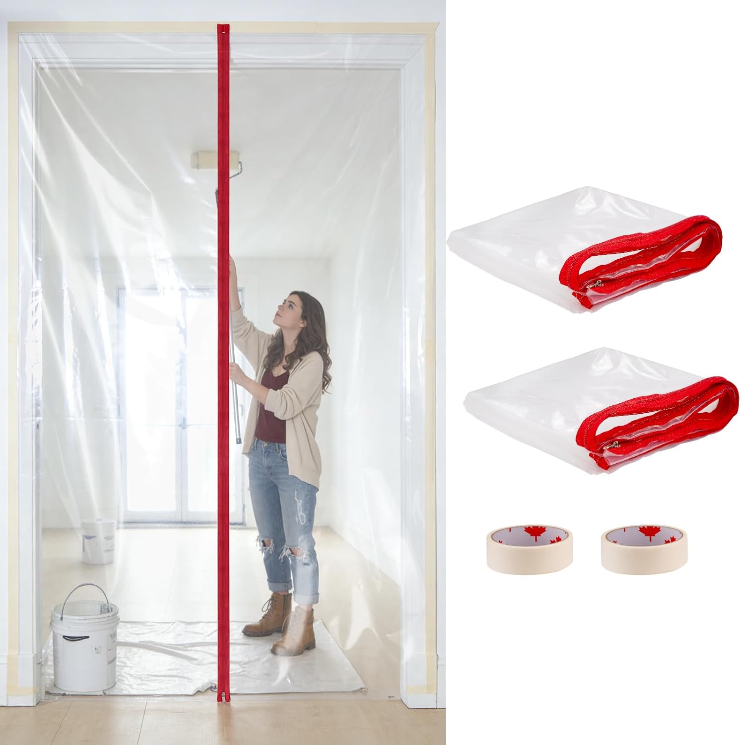 Dust Barrier Plastic Zipper Door, 2-Pack Construction Door Cover with Zipper, 4 ft x 7.2 ft, for Home Remodeling, Painting & Drywall Work, Easy Install & Removal