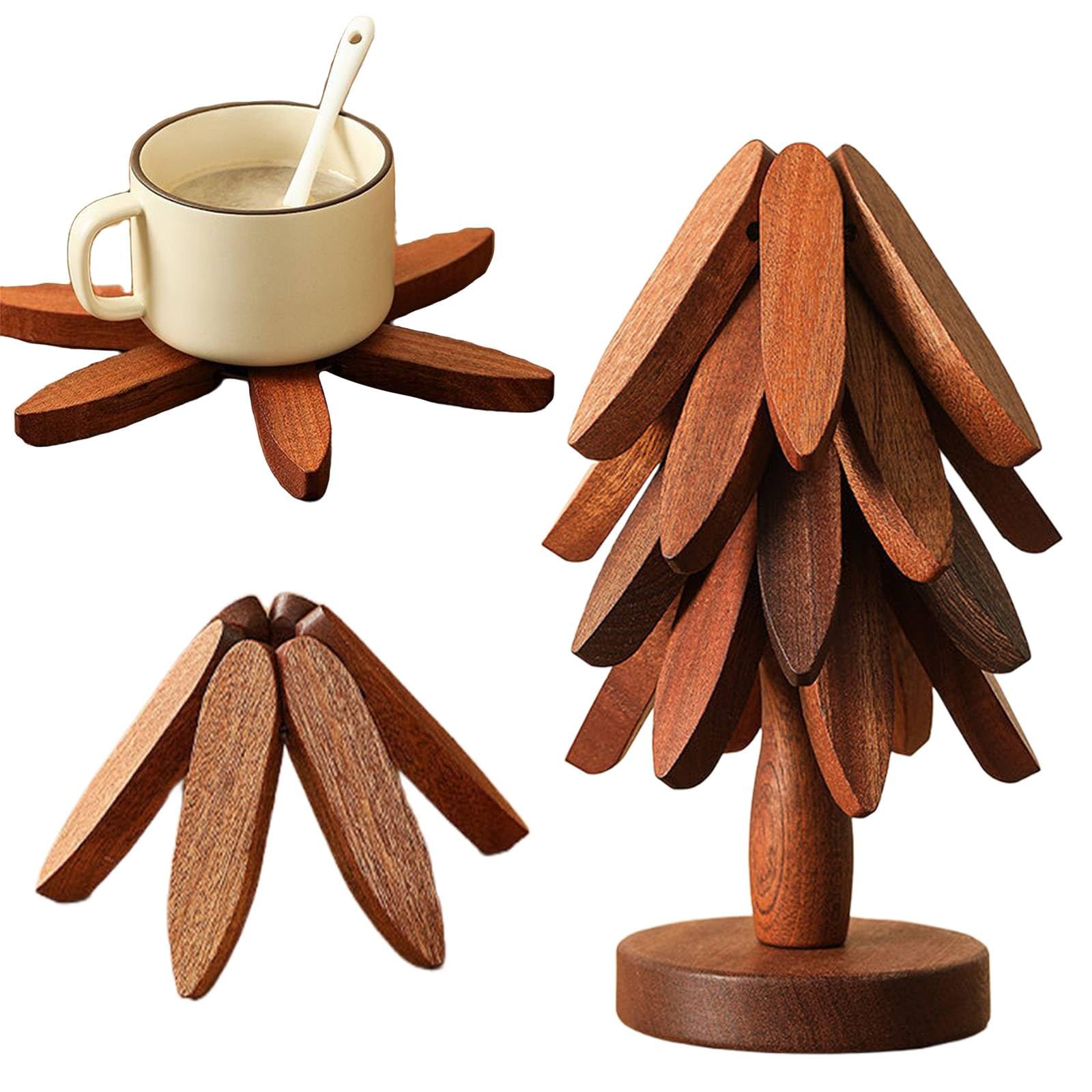 Speproeco 4 Trivets - Black Walnut Wooden Tree Trivet Set, Tree Shape Trivets For Hot Dishes, Wood Coasters For Christmas Kitchen Decor, Foldable Kitchen Wooden Trivets For Hot Pots And Pans