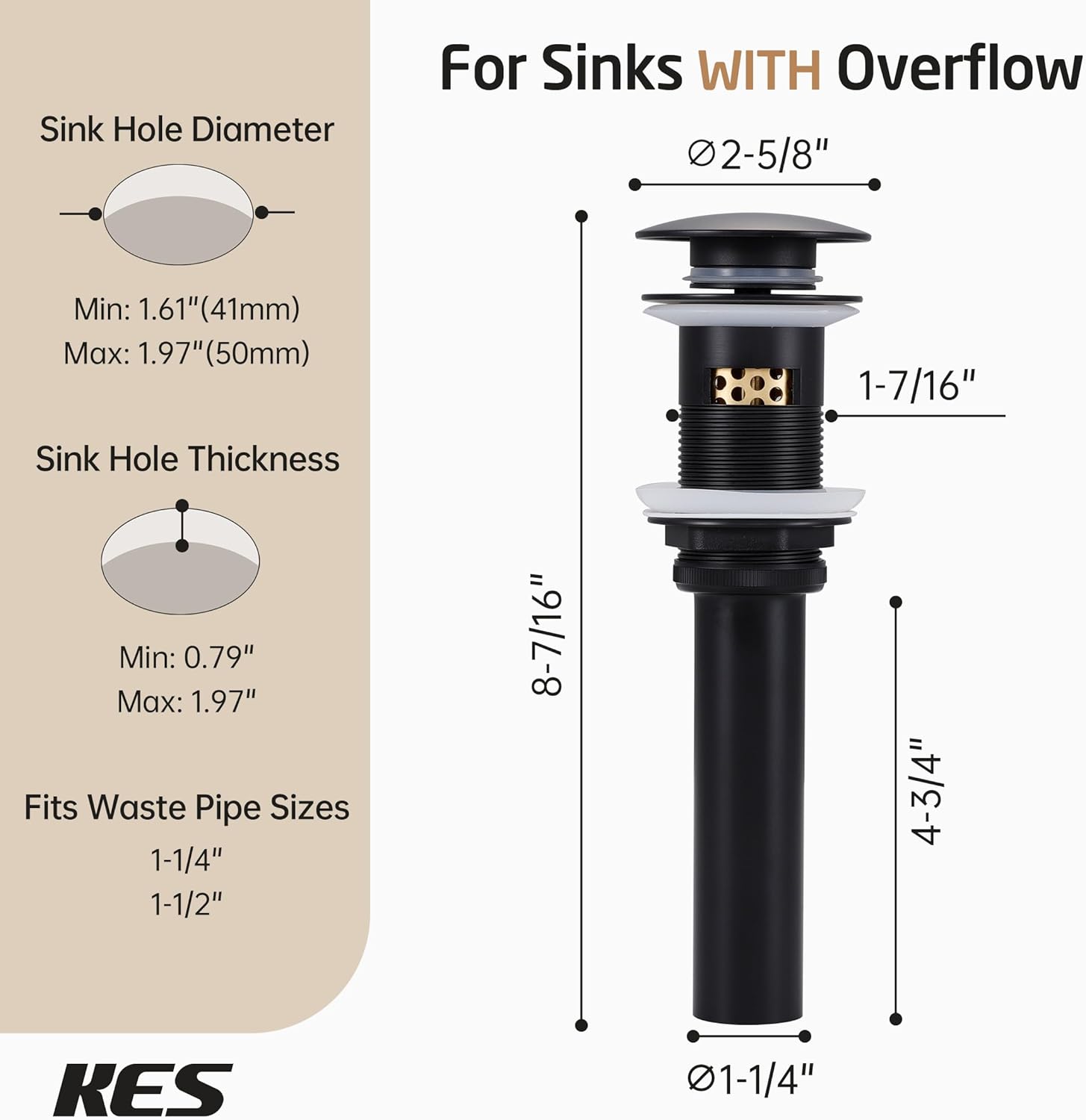 KES Bathroom Sink Drain with Overflow, All Metal Pop Up Drain for Bathroom Sink Stopper with Brass Strainer Basket Hair Catcher Anti Clog Rustproof 18/8 Stainless Steel Matte Black, S2018A-BK