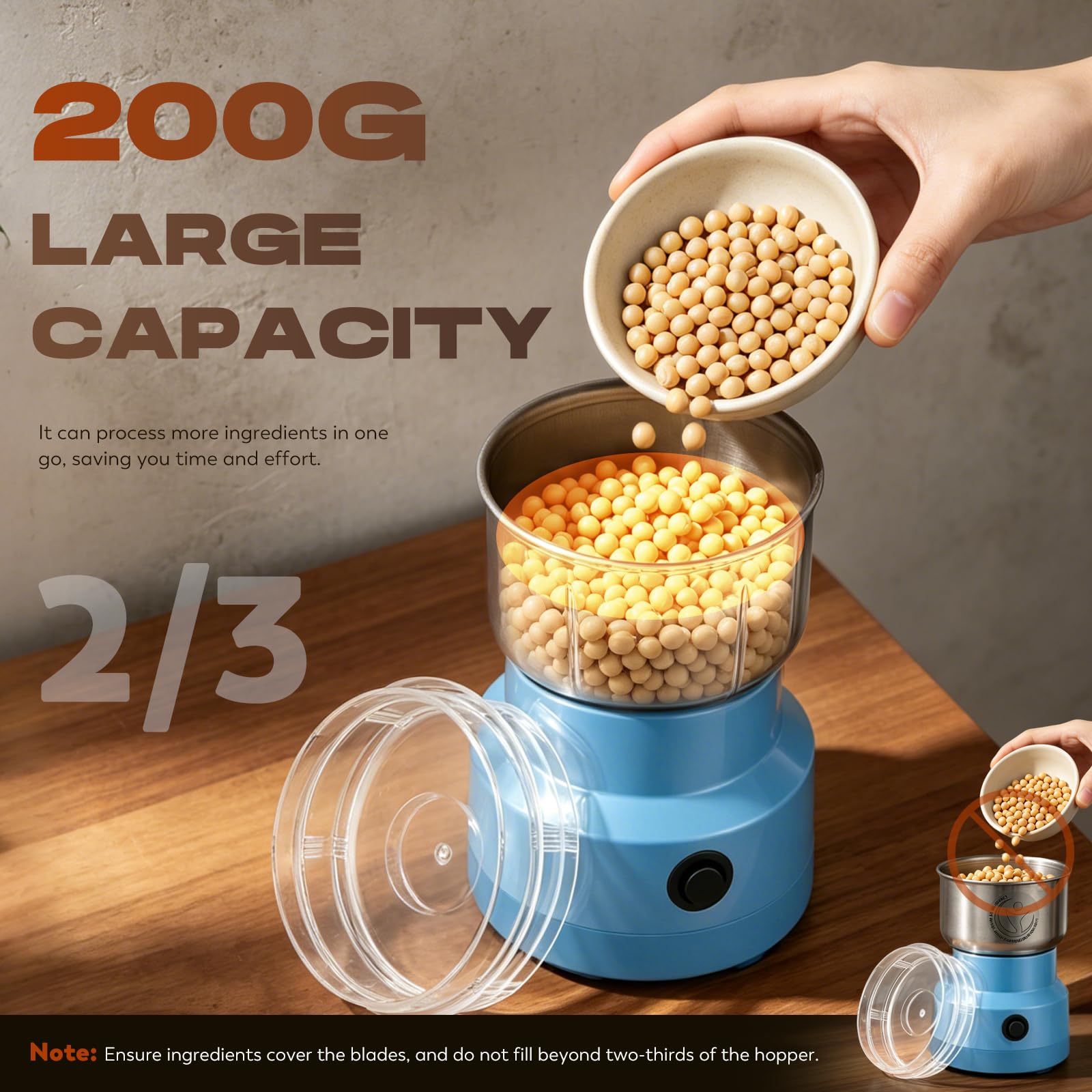 Moongiantgo Moulin à Céréales Multifonctionnel 150W 14500rpm, Moulin à Café Ultra-Fin, 300ml Broyeur à Épices Électrique Portable, Acier Inoxydable, Parfait pour Matières Sèches, Herbes, Café (Bleu)