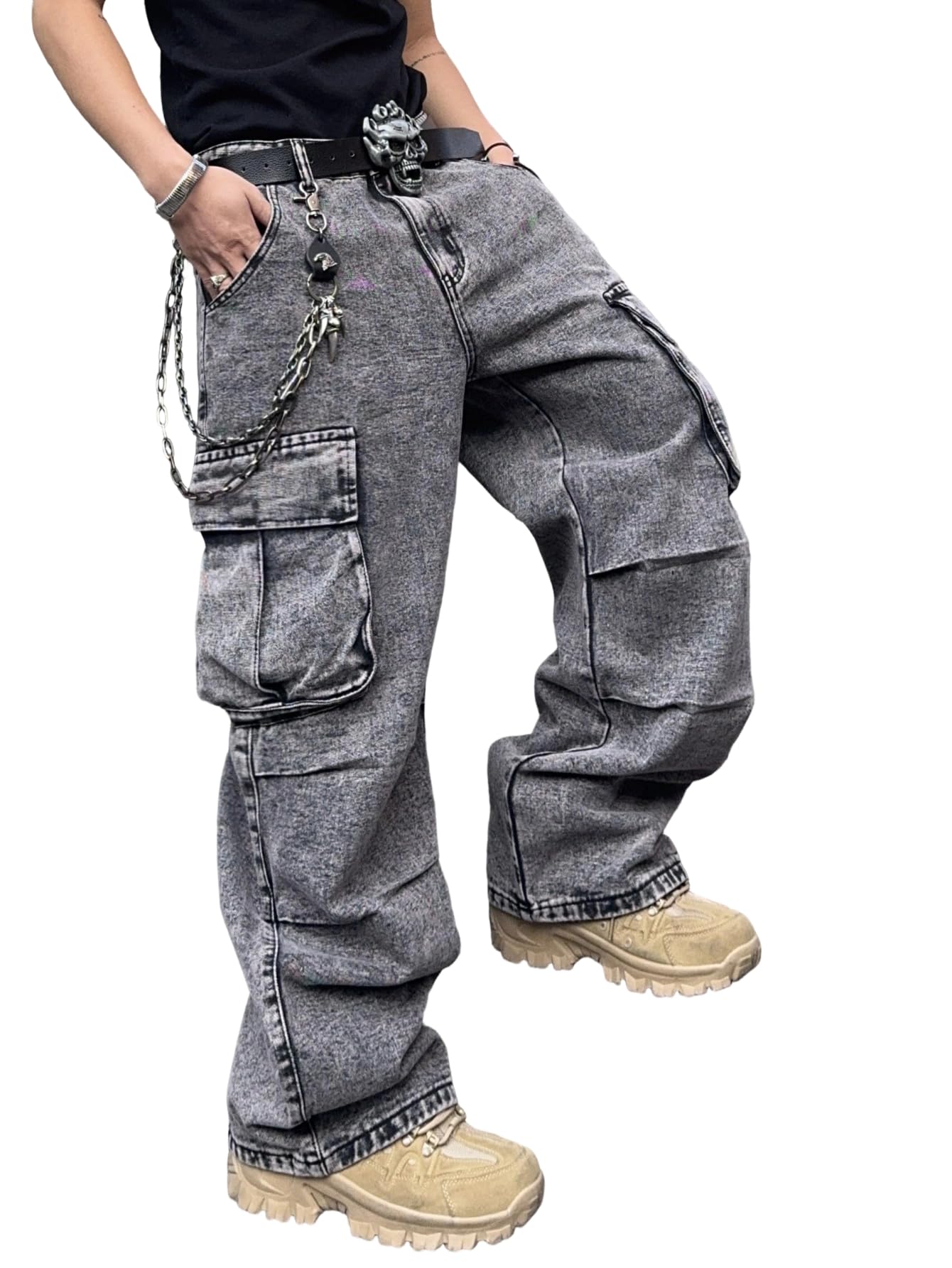 Mens Denim Baggy Pants with Cargo Pockets Mid Weight Casual Streetwear Wide Leg Jeans Hip Hop Skater Trousers