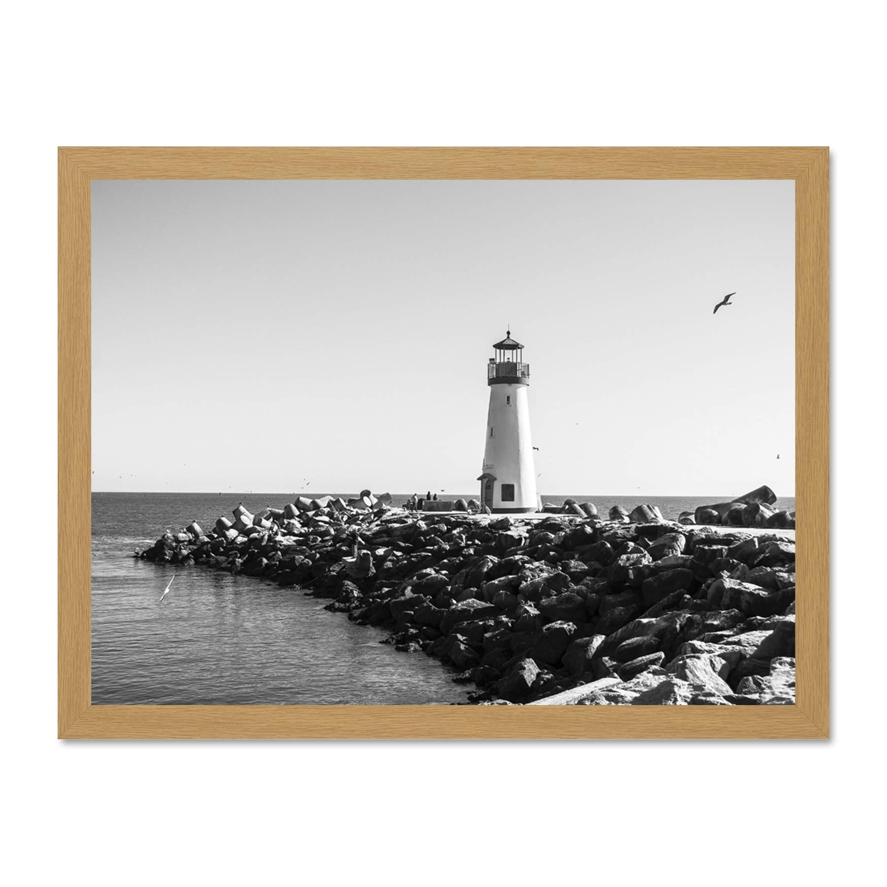 Lighthouse Rocks Ocean BW Living Room Home Large Framed Art Print Poster Wall Decor 18x24 inch