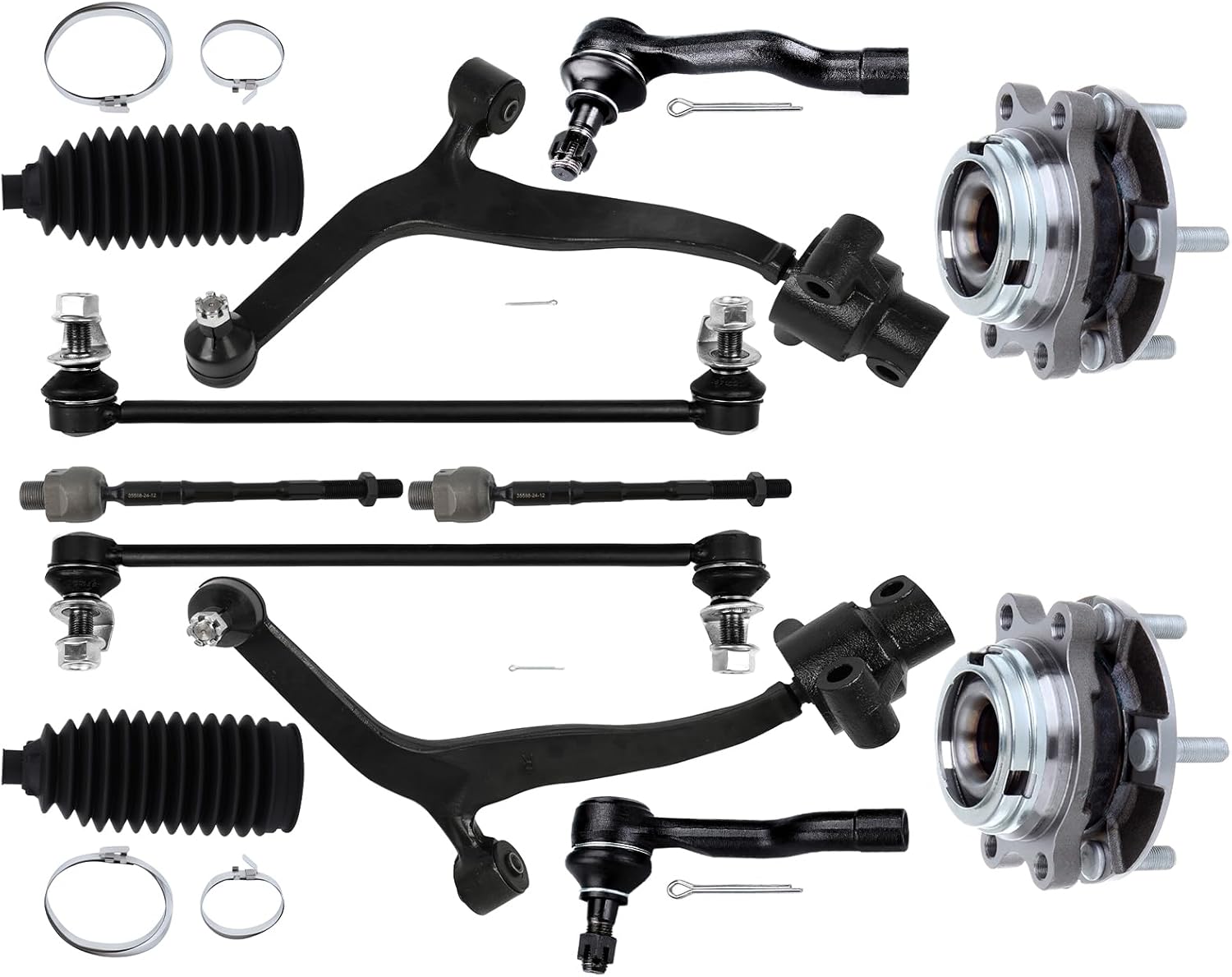 ASAPE 12Pcs Suspension Kit - 2003-2008 for INFINITI FX35 2003-2008 for INFINITI FX45 Include - Front Lower Control Arm w/Ball Joint Tie Rod End Sway Bar End Link Wheel Hub Bearing Steering Rack Boot
