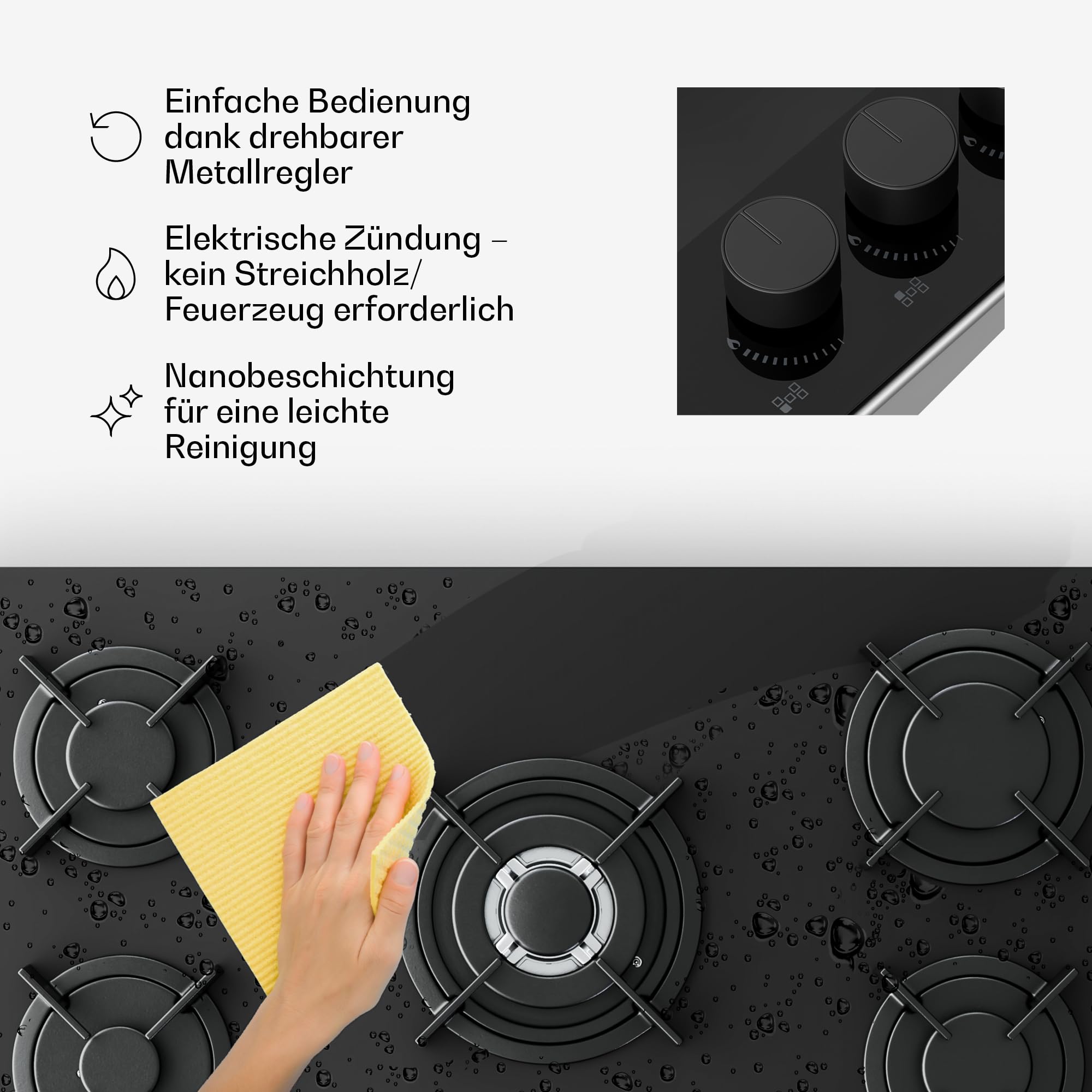 Klarstein Velaire Gaskochfeld, 90 cm, 5-Brenner, 10400 W, Glas, Flüssiggas & Erdgas, Elektrische Zündung, Flammenausfallschutz, Gasherd, inkl. Umrüstsatz & Schlauchset, Schwarz