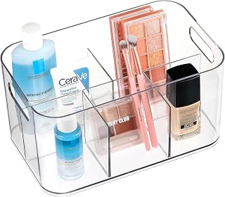 5-Compartment Clear Plastic Bin - Divided Cosmetic Makeup Caddy Organizer - Multiuse Storage Container for Vanity, Bathroom, Kitchen, Pantry, Office, Craft, Utensil, Shower, Cleaning Items, (1 Pack)