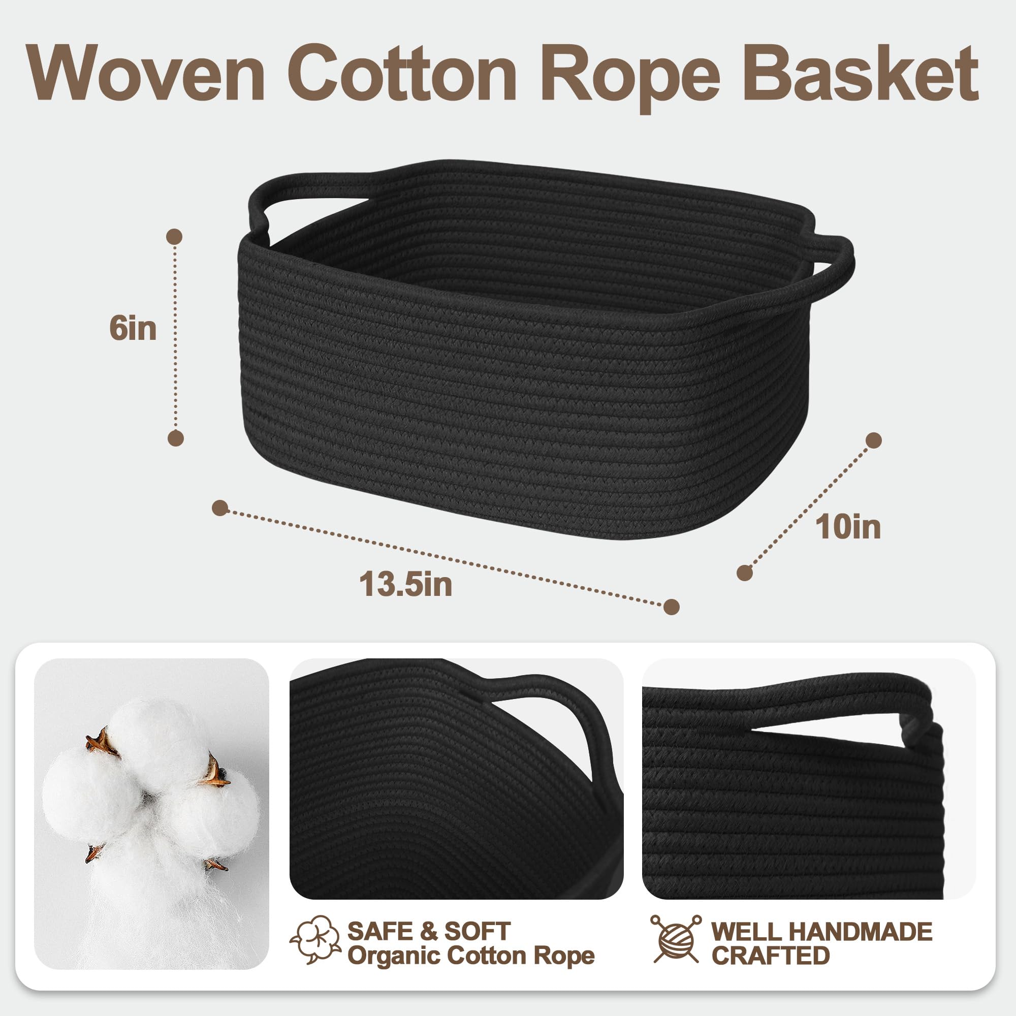Black Basket for Gifts, Woven Gift Baskets Empty, Cotton Rope Storage Bin for Organizing, Cute Cat Dog Kids Toy Box, Decorative Baby Nursery Closet Organizer, Wicker Easter Basket with Handle