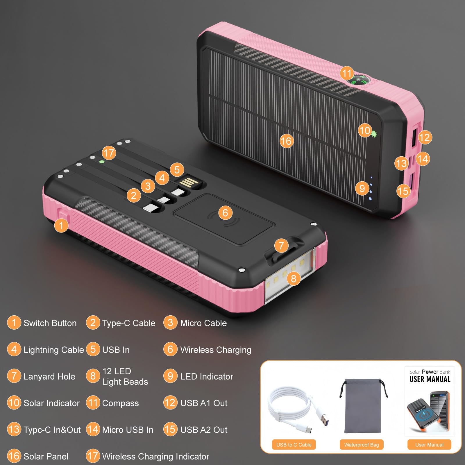 33800mAh Solar Power Bank Wireless Protable Charger, torcia elettrica, bussola, campeggio, viaggi all'aperto
