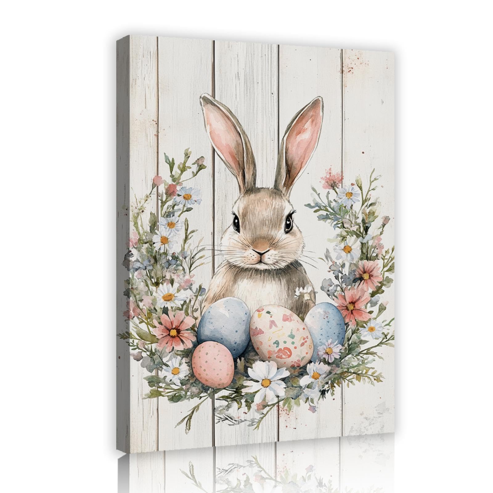 YUNART Fiori e animali vintage su tela Poster Pasqua Wall Decor con uova colorate primavera Pasqua Agriturismo tela pittura stampa 45x68cm Innerframe