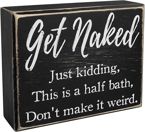 Pigort Letreros divertidos de baño con texto en inglés Get Naked, reglas de decoración de granja, letreros de madera de 5 x 6 x 1.8 pulgadas