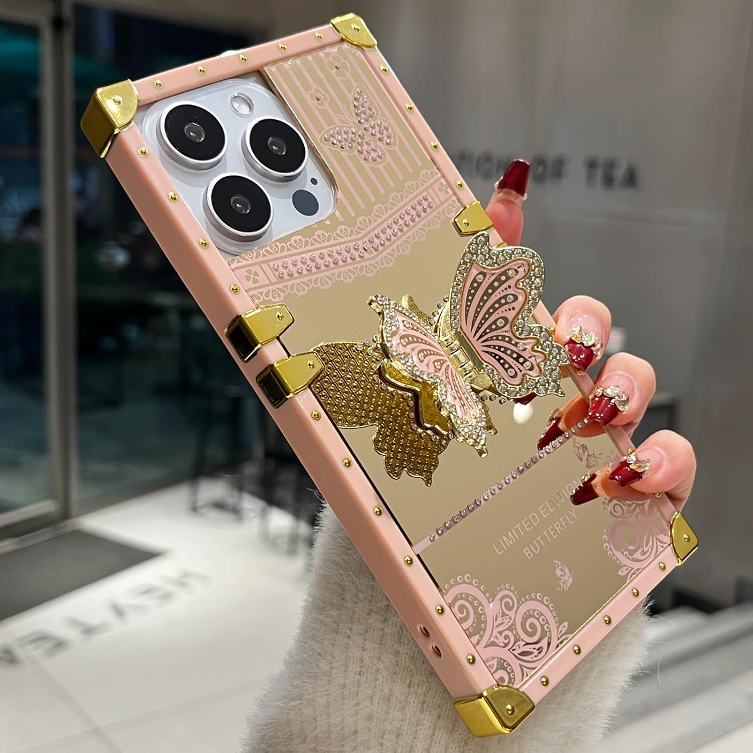 Glitter Kickstand Case for iPhone 16 Pro Max,Cute Luxury Bling Sparkly Butterfly with Foldable Stand Elegant Mirror Shockproof Protective Case for Women Girls for iPhone 16 Pro Max 6.9", Pink - Image 3