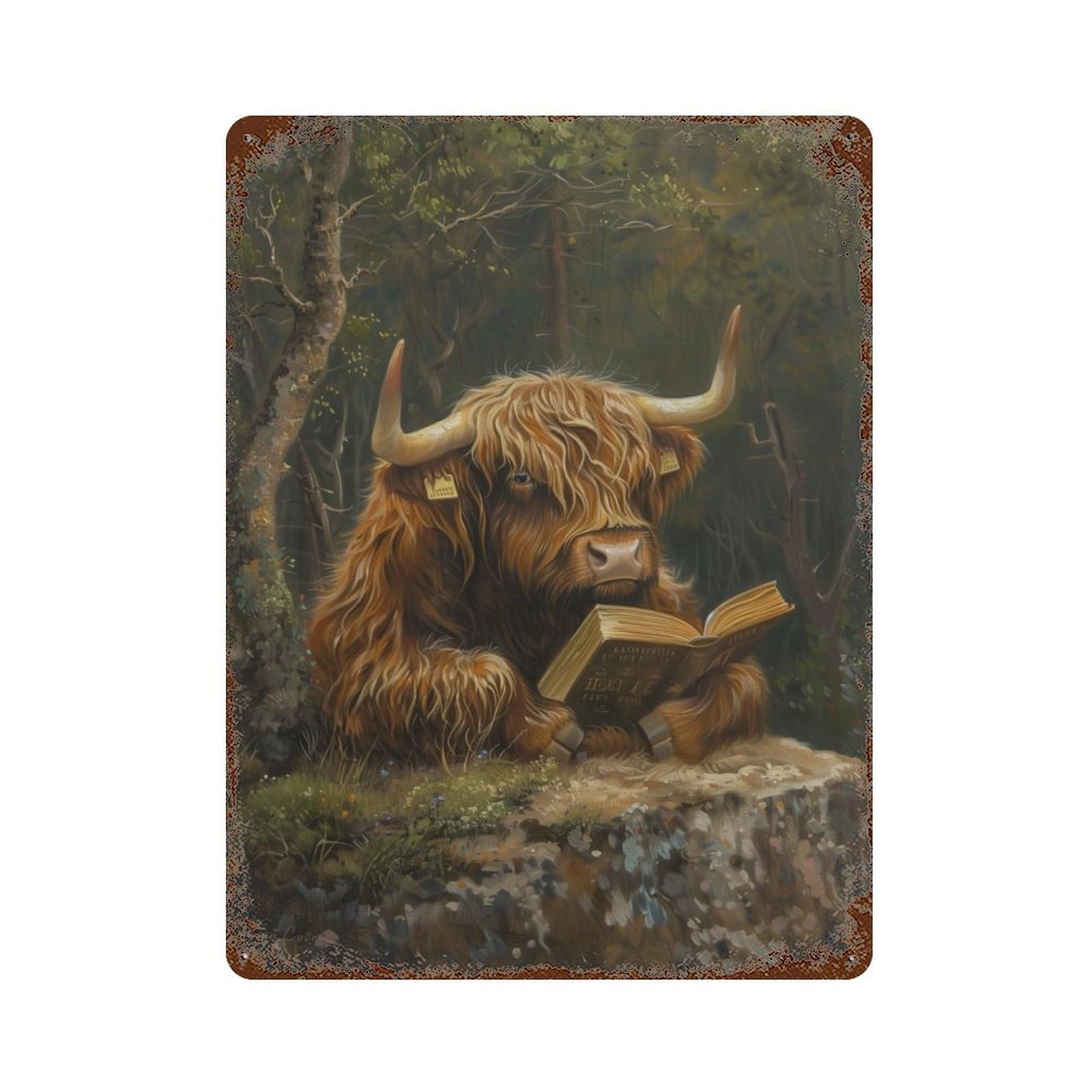 Weathered Tin Sign Highland Cow Nature Book 15.7"x11.8", Rustic Home Decor for Bistro, Counter And Cafe Decor