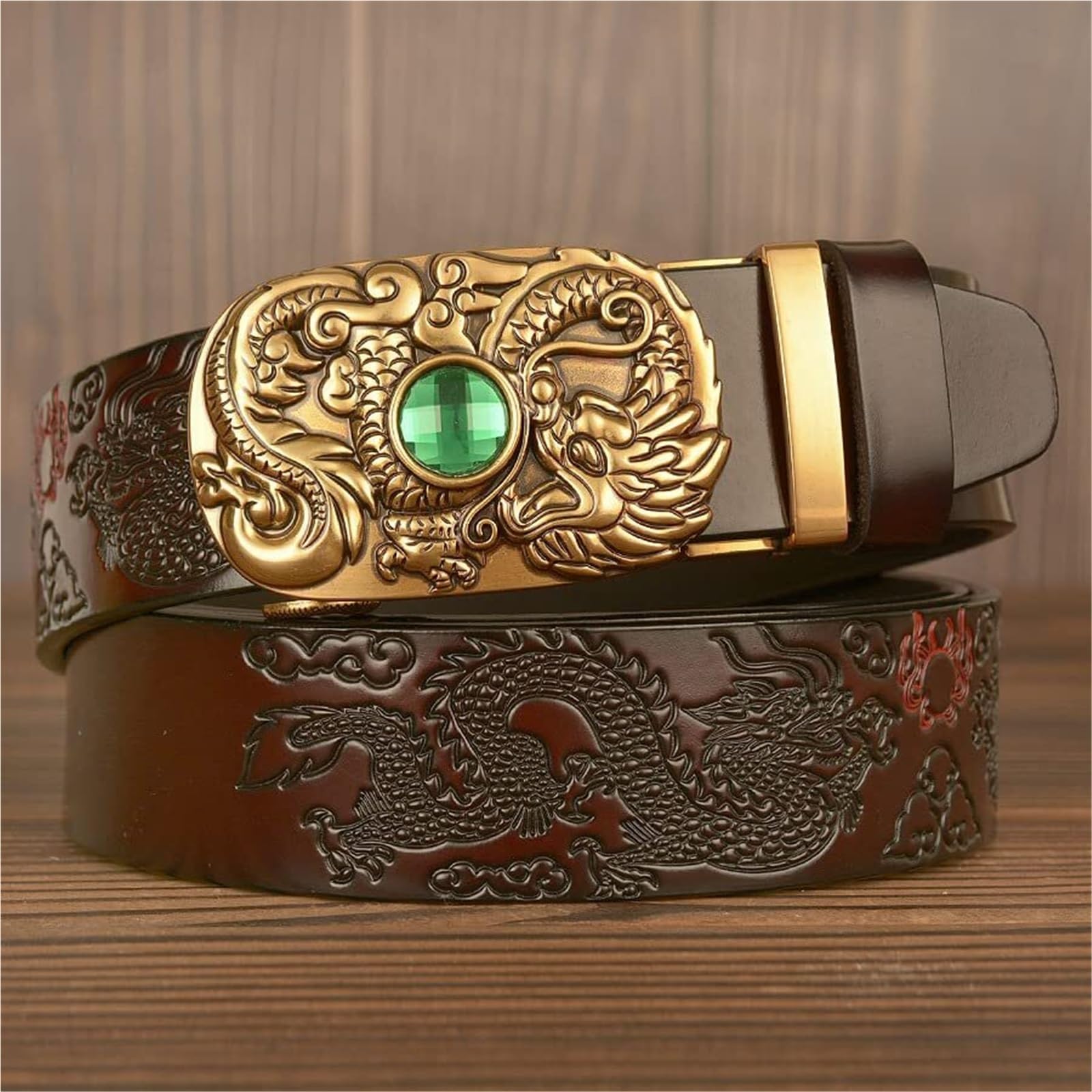 Cinturón De Cuero Repujado For Hombre, Con Dragón Y Piedra Preciosa, Hebilla Deslizante Automática, Estilo Vaquero Occidental, Totalmente Ajustable