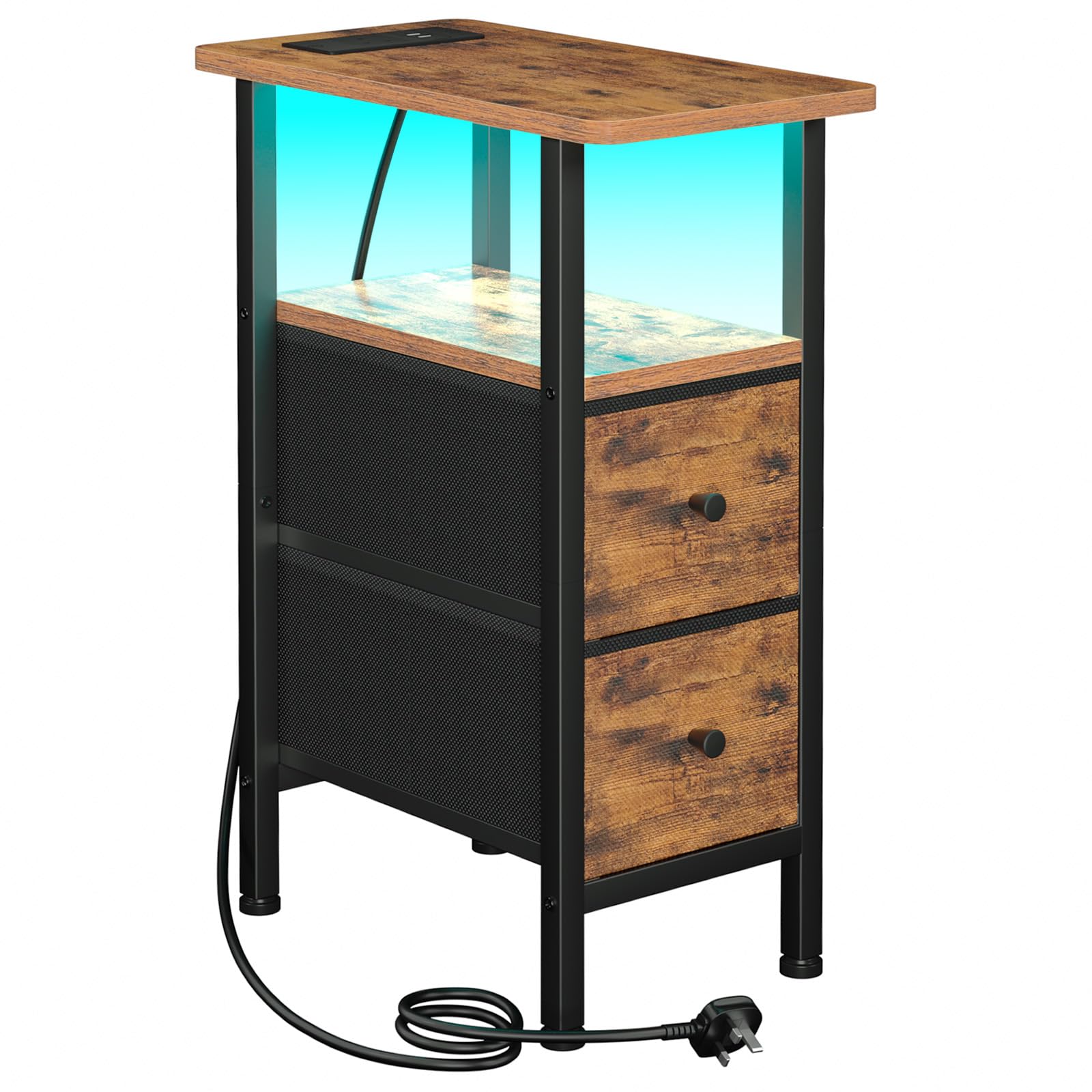 AMHANCIBLE Slim Bedside Table with Charging Station, Narrow Side Table with LED Lights, Small End Table with 2 Fabric Drawers, Nightstand for Small Spaces, Living Room, Bedroom, Brown HETNDP02LBR-1