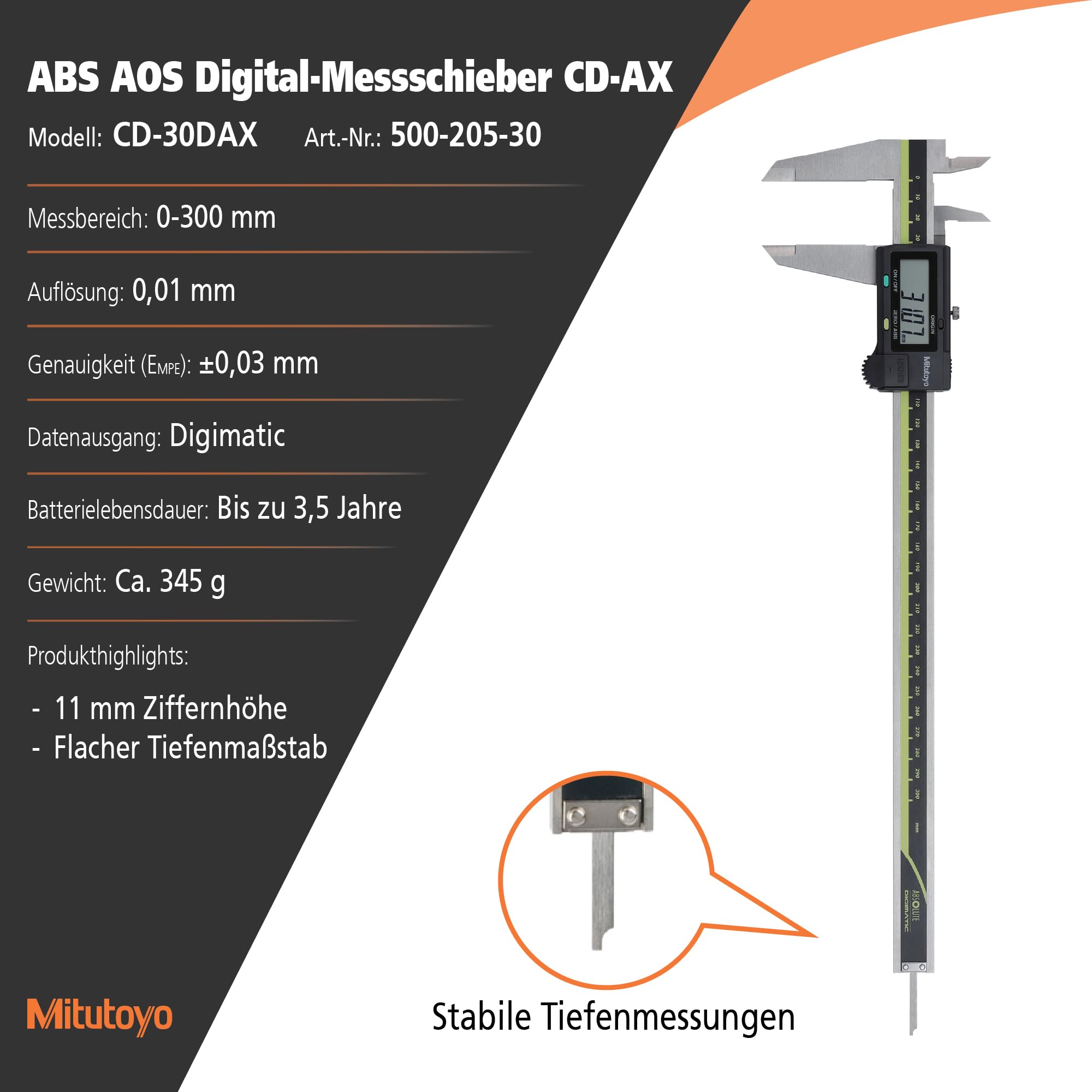 Mitutoyo Digital ABS AOS Messschieber, 0-300 mm, Tiefenmessstange, Datenausgang