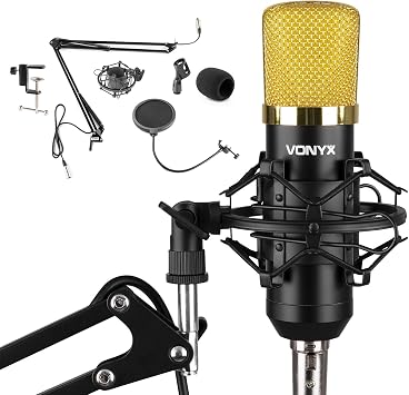 VONYX CMS400B Studio Condenser Microphone Kit with Adjustable Desk Boom Arm Stand, Pop Filter & XLR Cable for Podcasts, Music Recording & YouTube Black/Gold