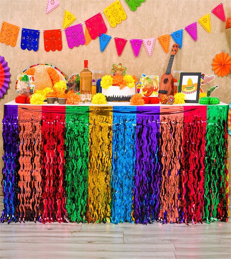 Miniatura 5 de Mega-L - Decoraciones de fiesta para fiesta, paquete de 2 faldas de mesa onduladas de oropel metálico con flecos, decoración temática mexicana,