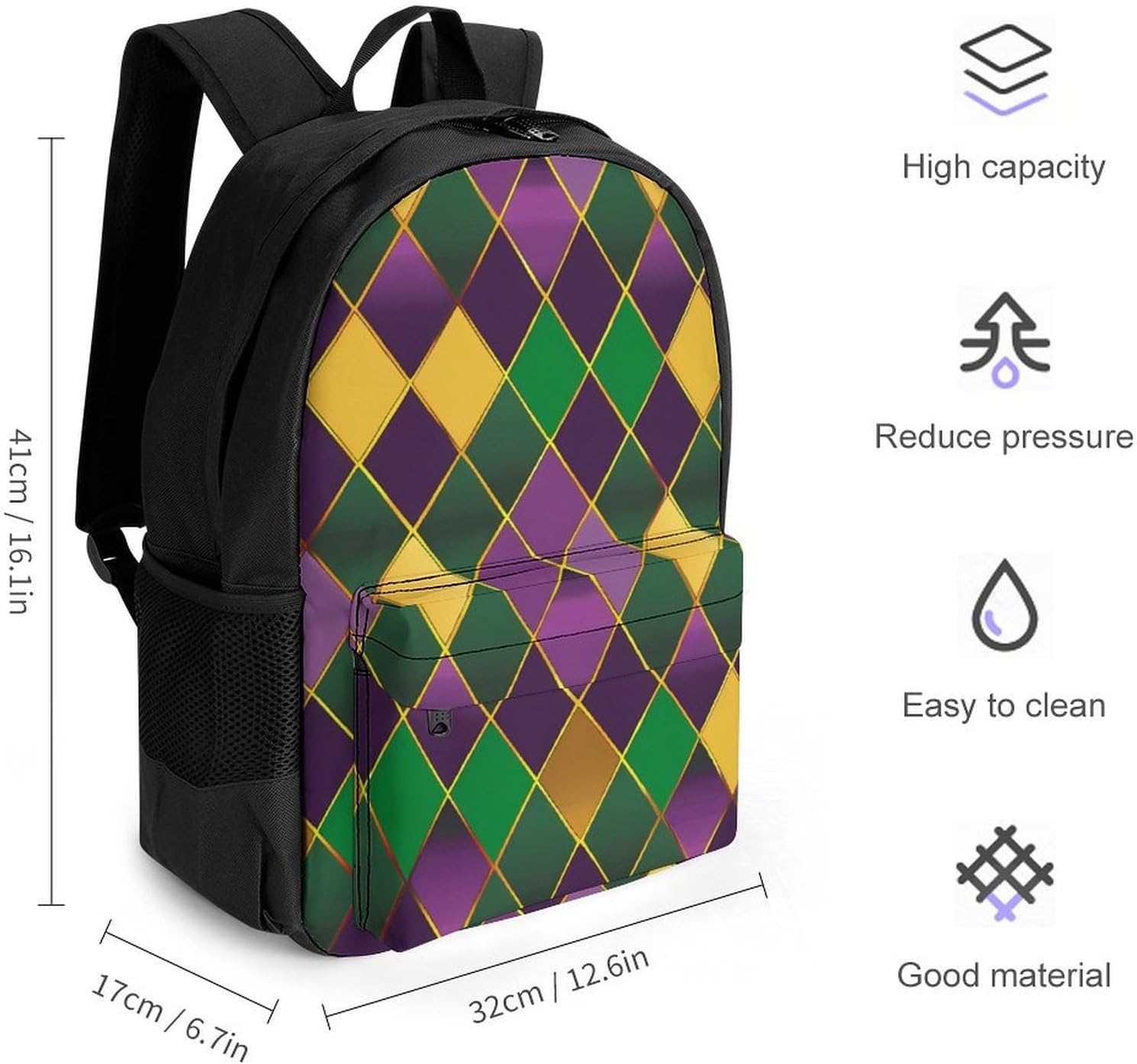 Mardigras Diamond Pattern Backpack Lightweight Backpacks Work Bag