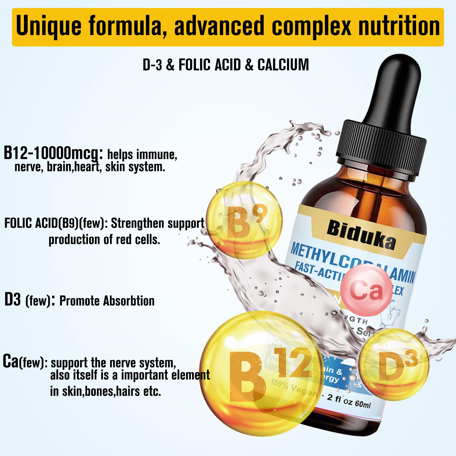 10,000mcg Sublingual Vitamin B12 Liquid Drops, Unique Formula with D3, B9(Folic Acid), Calcium, Support Energy, Heart, Mood, Brain, Immune System, Vegetarian & Gluten Free — Amazon image 2