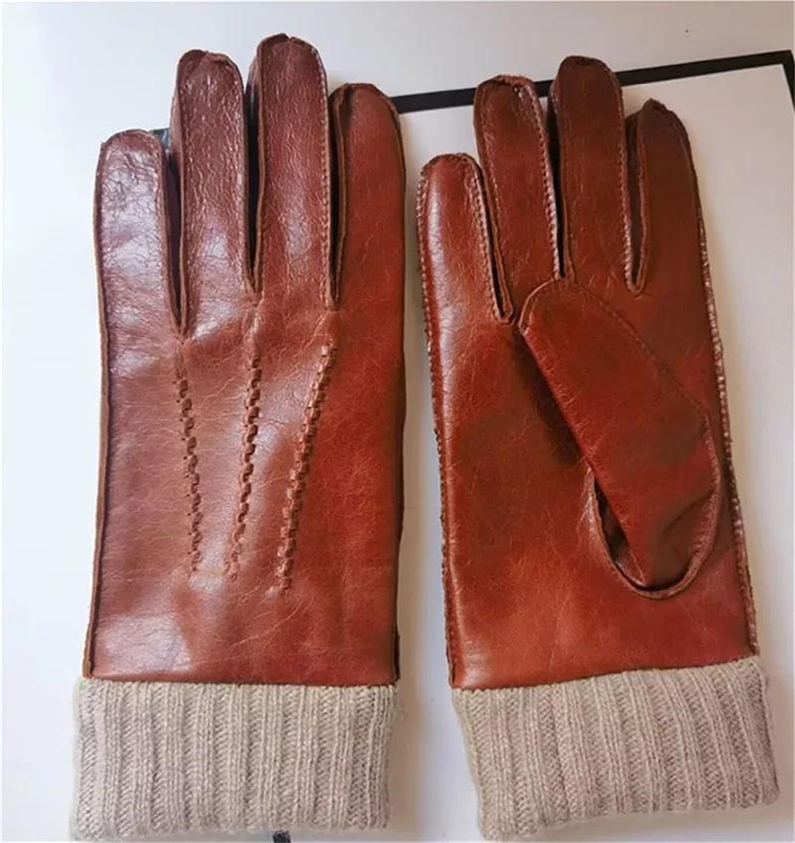 Guantes de piel de oveja auténtica para hombre, ondulados, para pantalla táctil, con forro de lana, guantes de conducción cálidos para invierno