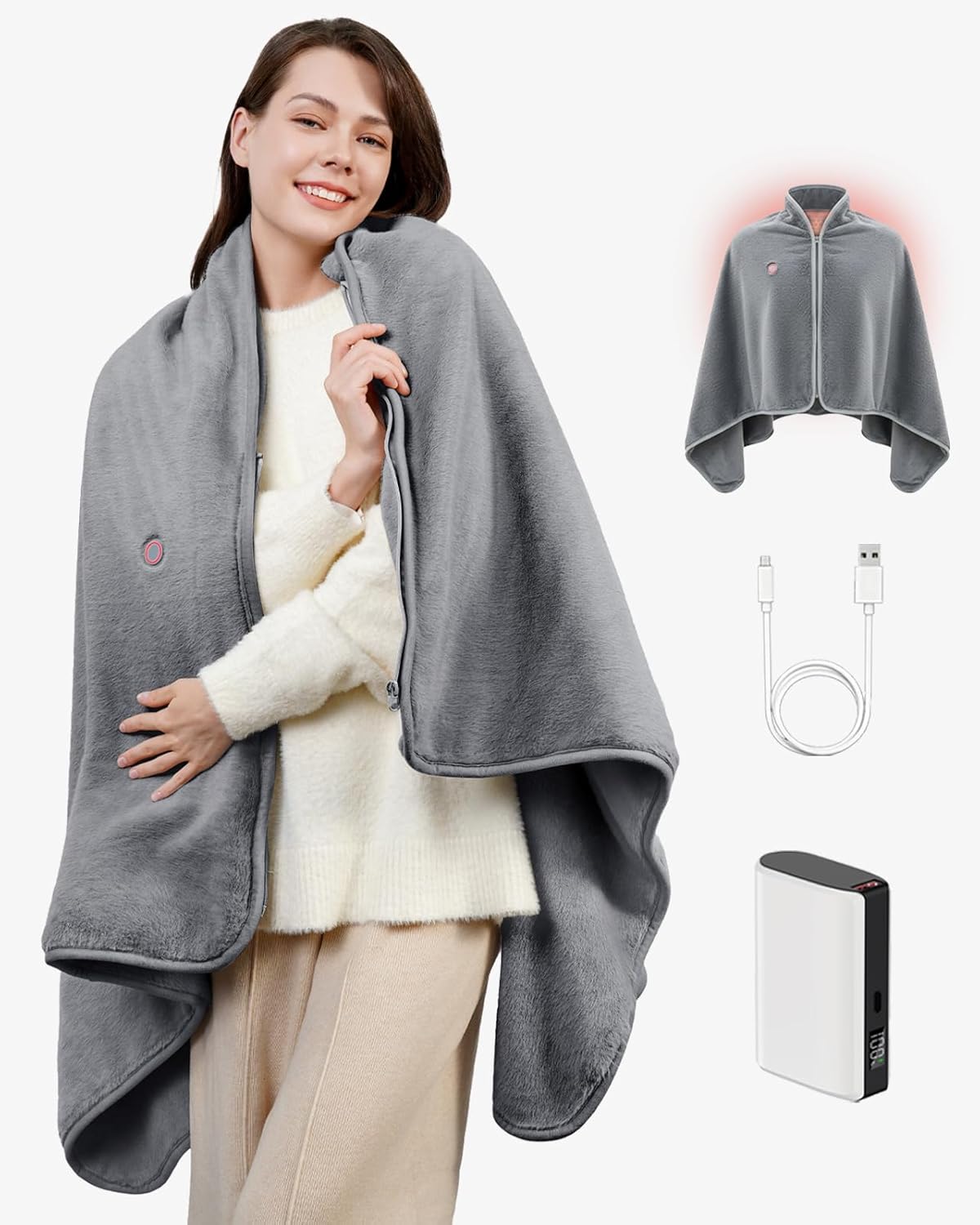 Battery Operated USB Heated Blanket – Cordless Rechargeable Throw with Portable Battery Pack, Far Infrared Heat, Ultra-Soft Faux Rabbit Fur for Home, Office, Travel, Camping