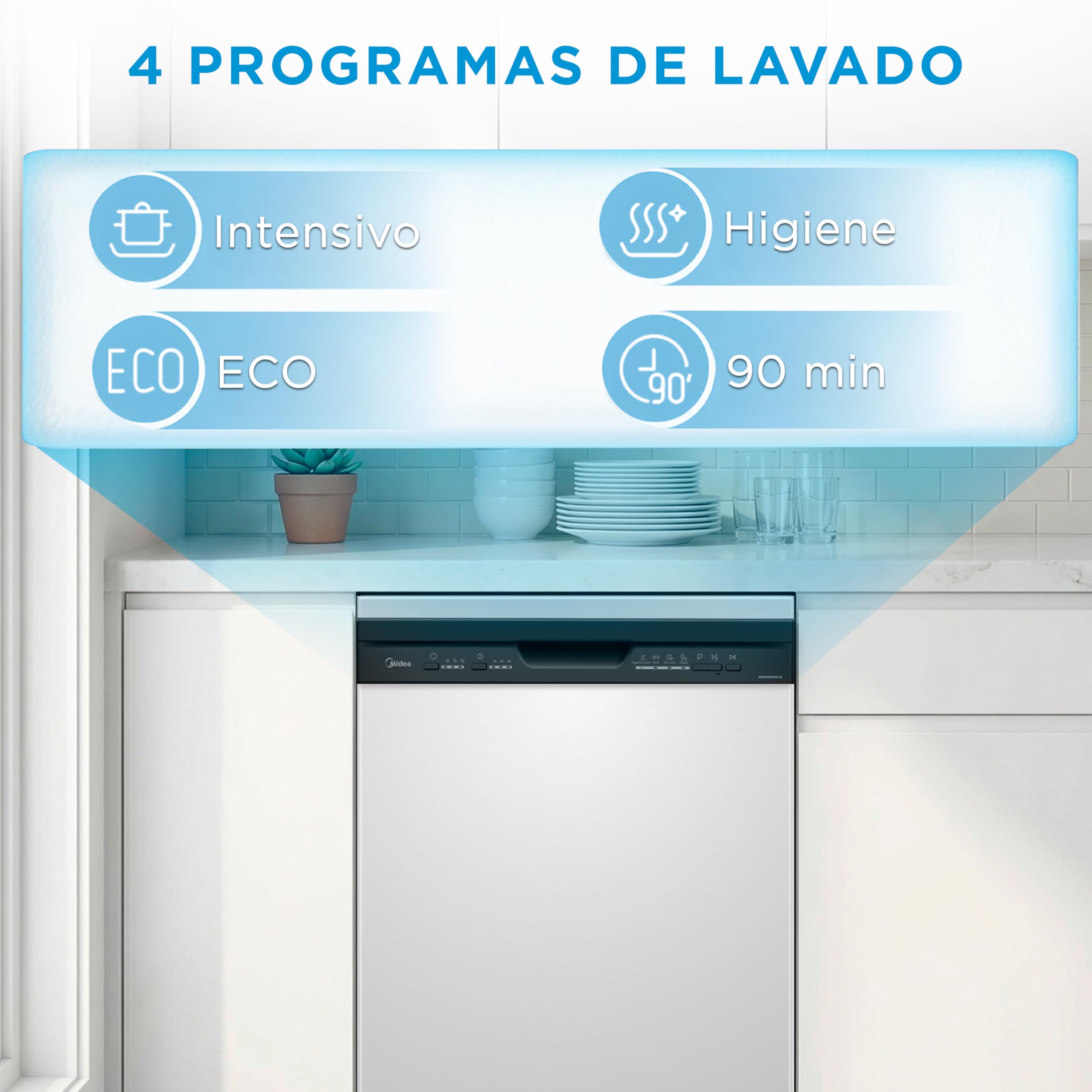 Midea Lavavajillas 60 cm+++ Blanco para 12 servicios - Lavaplatos Libre Instalación con 4 Programas de Lavado, Integrable - Filtro Antibacterias, 49 dB, y Función de Media Carga Nuevo Modelo
