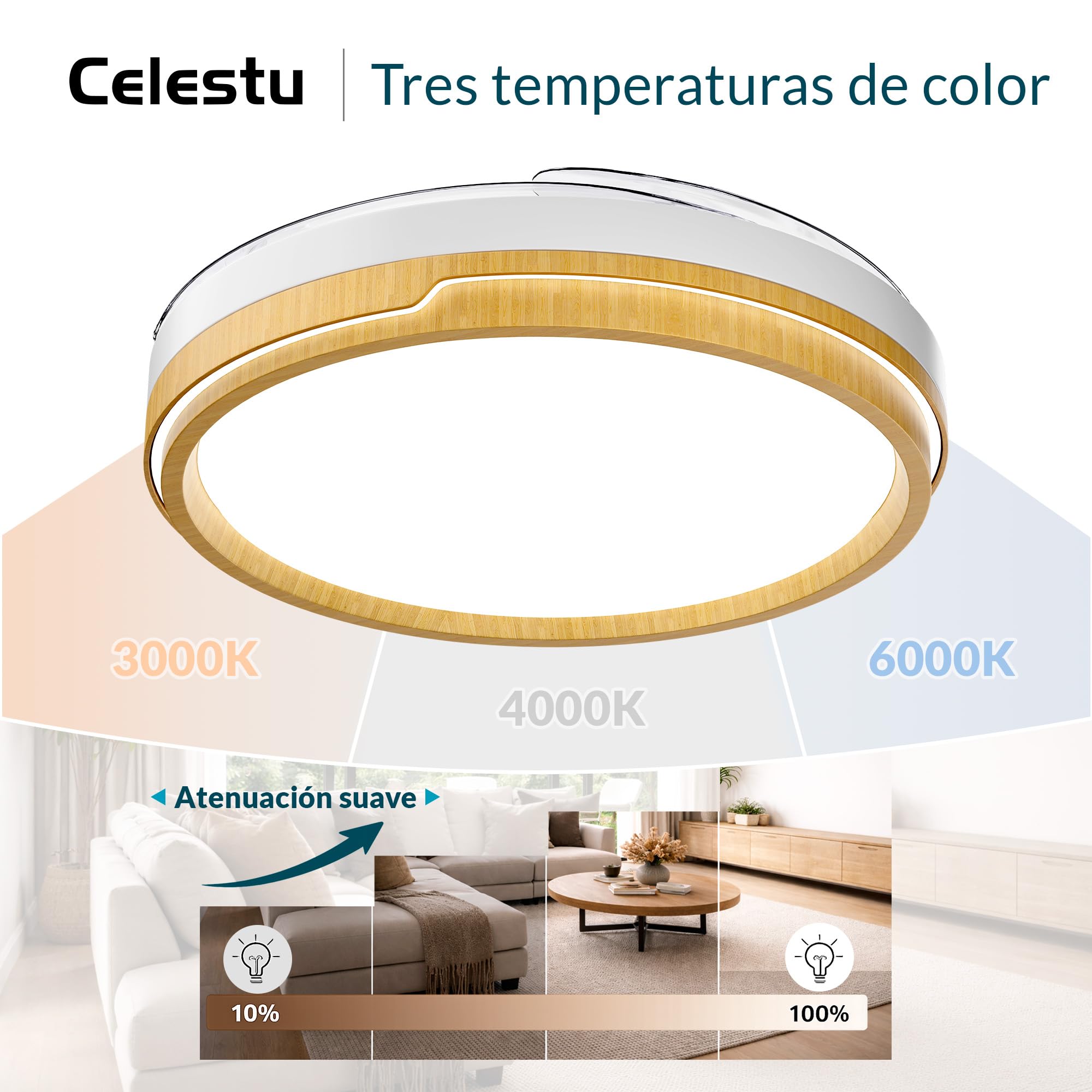 Ventilador de Techo 66w+30w LED Silencioso con Control Remoto y App, Luz Regulable, 6 Velocidades, Temporizador (Madera)