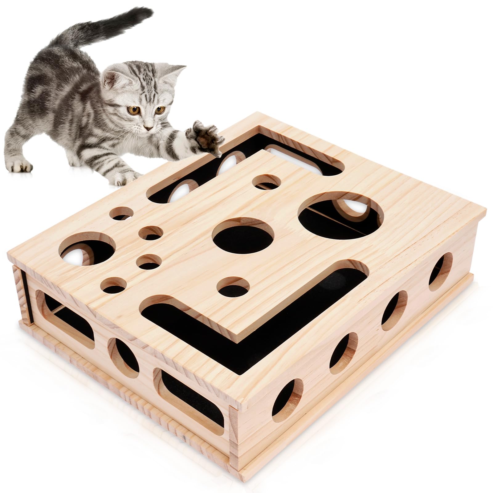 Cat Scratch Puzzle Enrichment Box, Wood Cat Nail File Box with Sandpaper Inside & 3 Balls, Interactive Cats Puzzle Toy Wooden Cats Nail File Boxes Mental Stimulation Boxes for Indoor Pet Scratching