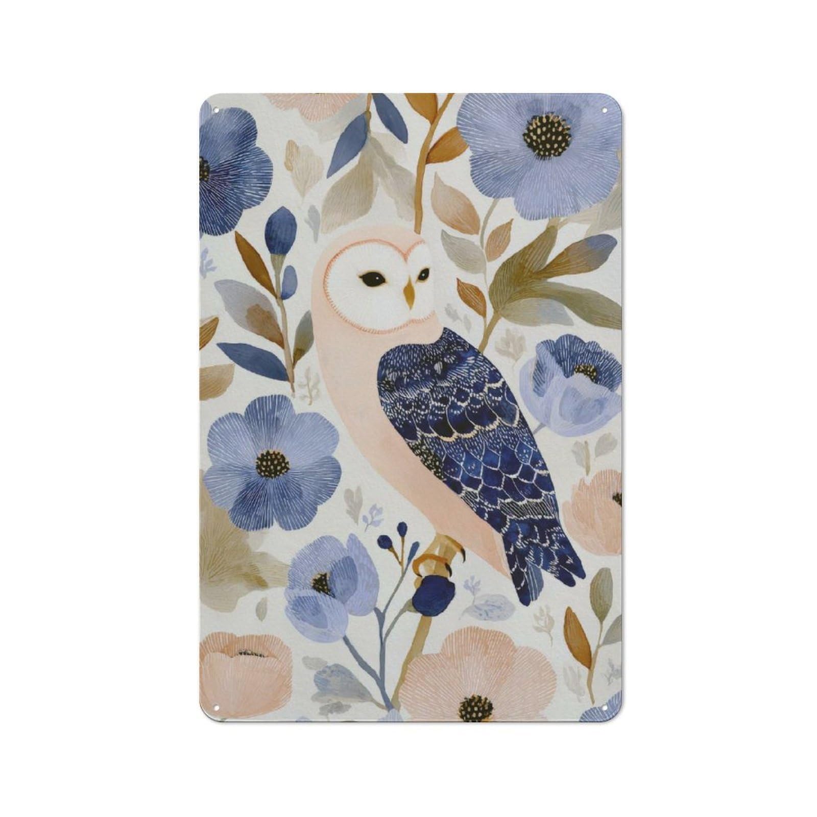 Junmoney Style-5-1 Metal Wall Sign 30X20cm Featuring Owl In Floral Watercolor Illustration For Workshop Wall, For Room Styling Across Workshops And Hobby Rooms