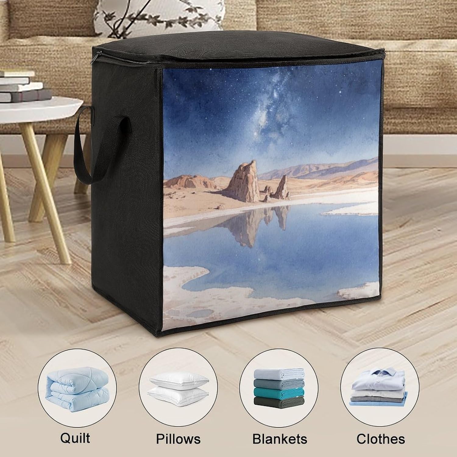 Starry Sky And Salt Marsh Storage Bags Moving Bags Storage Bins | Comforter Storage Bag Reinforced Handles & Zippers Foldable Closet Organizers and Storage for Blanket Pillow Clothes