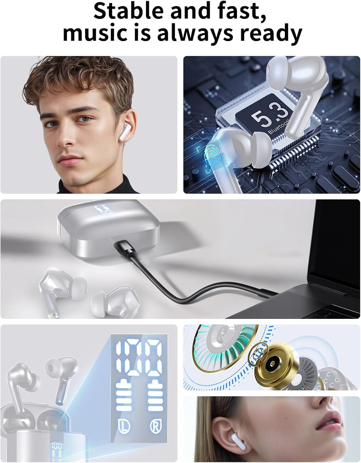 S27 True Wireless Bluetooth Earbuds, Bluetooth 5.3 Stereo Sound, Touch Control, Built-in Mic, Up to 6H Playtime, IPX7 Waterproof, Compatible with TV, Smartphones, Laptops & Sports Use