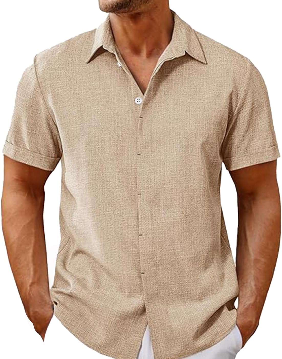 Akeycool Men's Button Down Short Sleeve Shirt Casual Cotton Summer Beach Linen Wedding Shirts