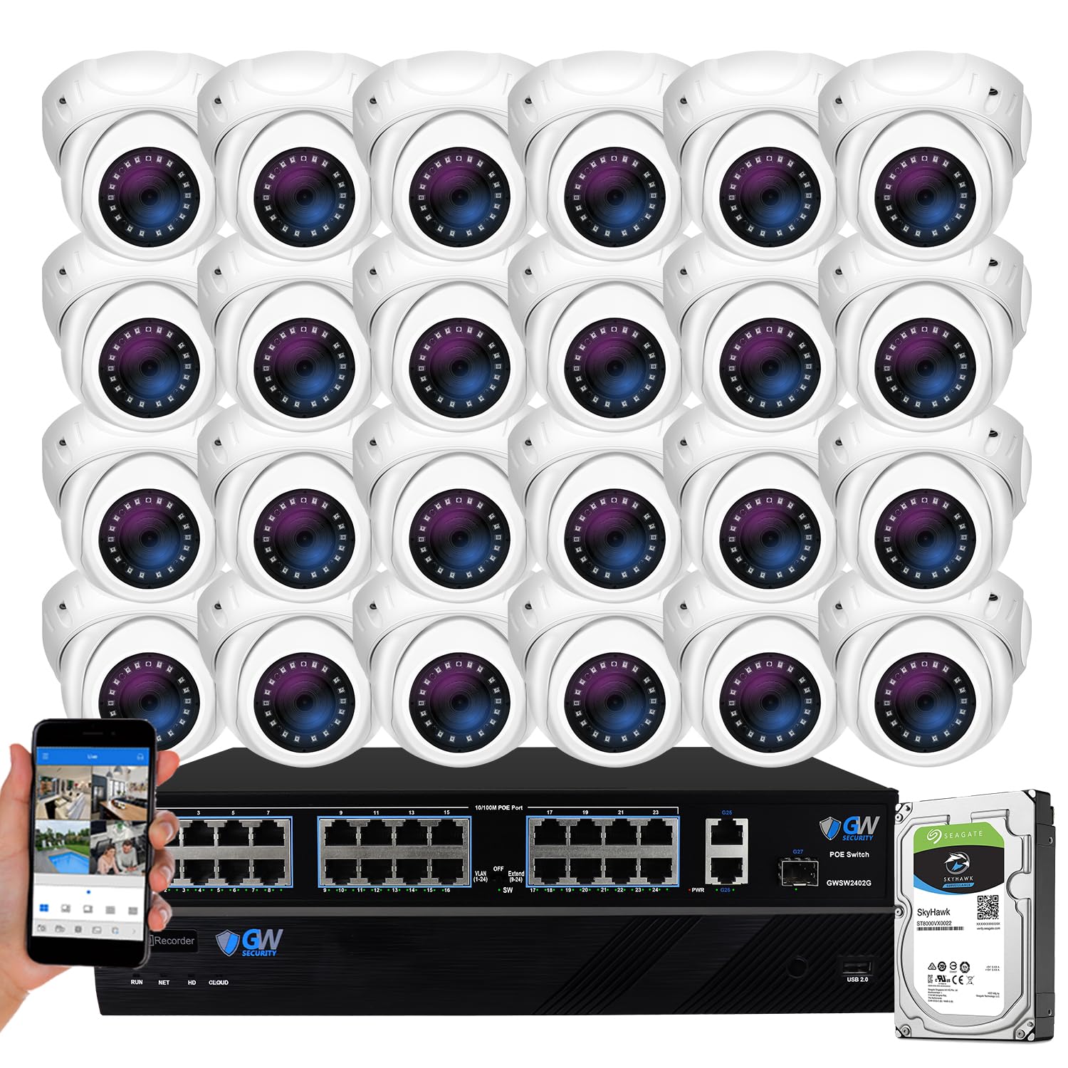 GW Security24 Channel 5MP NVR 1920P IP Camera Network POE Video Security System - 24 x 5.0 Megapixel (2592 x 1920) Weatherproof Dome Cameras, Quick QR Code Easy Setup, Pre-Installed 8TB Hard