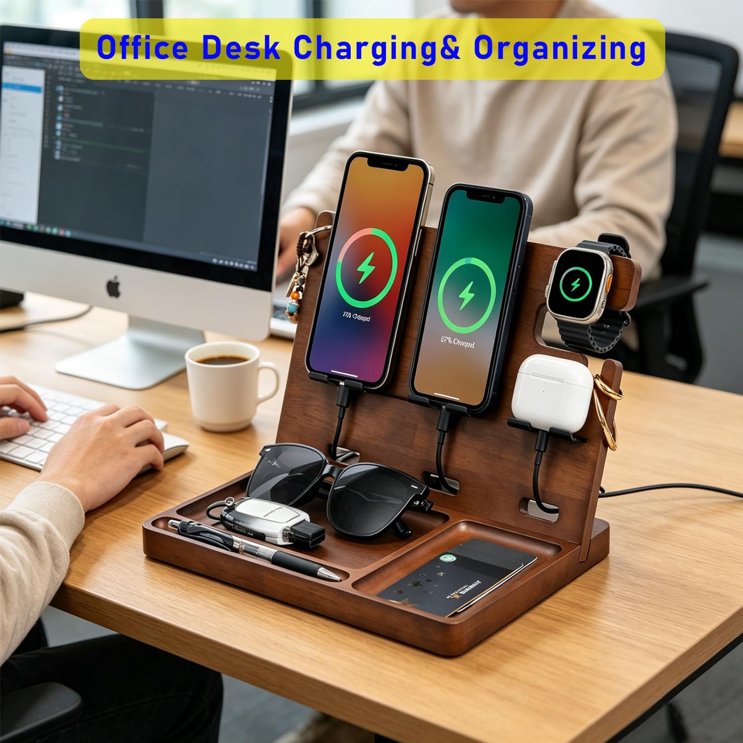 Holz-Handy-Dockingstation, Nachttisch-Organizer, Ladestation mit QC 3.0 & PD22,5 W USB-C-Ladegerät, schnelles Aufladen für iPhone, Samsung, Android, Tablet, Uhr, Jahrestag, Geburtstag
