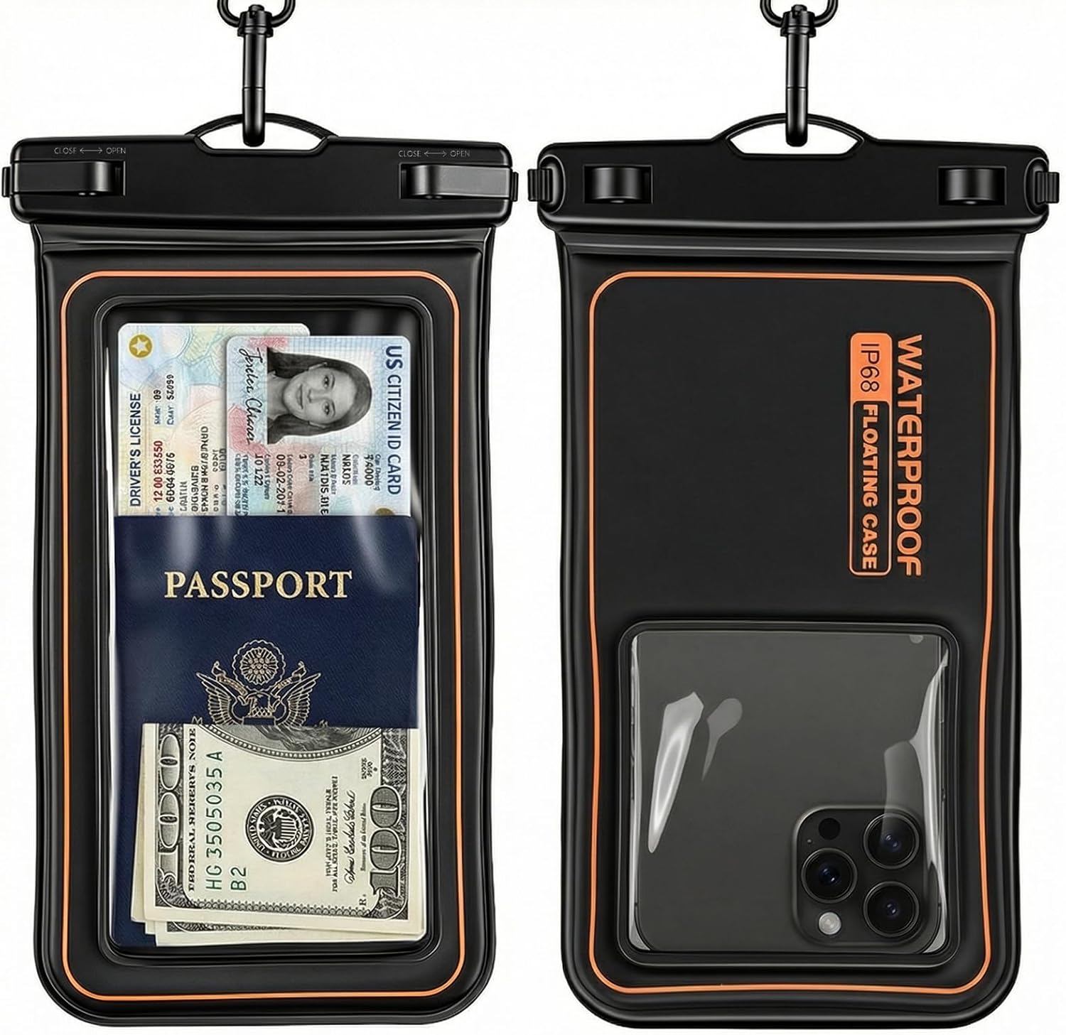 2-Pack Floating Waterproof Phone Pouch with Neck Strap, IPX8 Dry Bag for 7 IN Cellphone, Waterproof Phone Case, Essential for Swim Snorkel Beach Kayak Travel, Touchscreen Friendly (Black Orange)