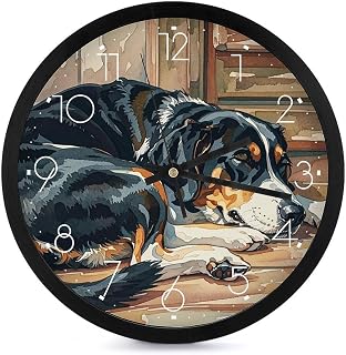 10 Inch Silent Wall Clock Round Modern Decorative Clocks - Battery Operated, Dogs Sleeping in The House Wall Clock for Office, Bedroom, Living Room, White-Style