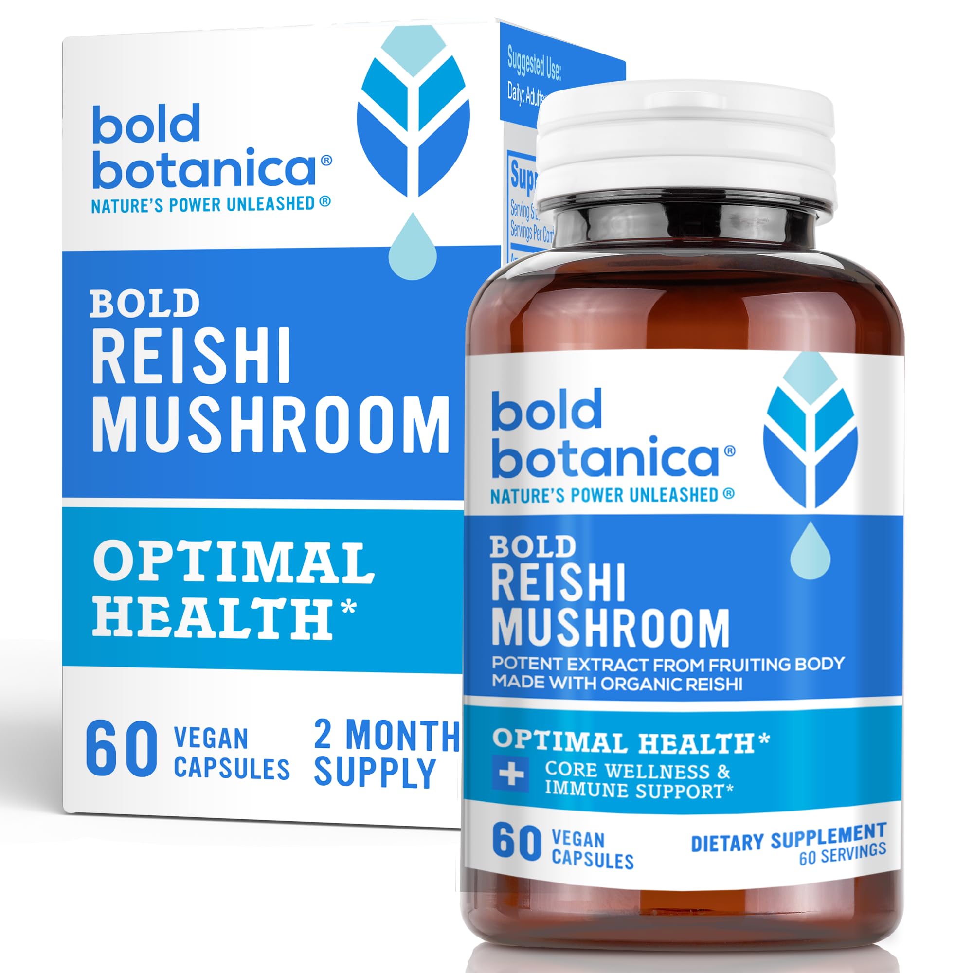 Bold Botanica Bold Reishi Mushroom Capsules - Concentrated Organic Mushroom Extract for Immune Support & Core Wellness - 100% Organic Fruiting Body - No Mycelia & No Grain - 60 Vegan Capsules
