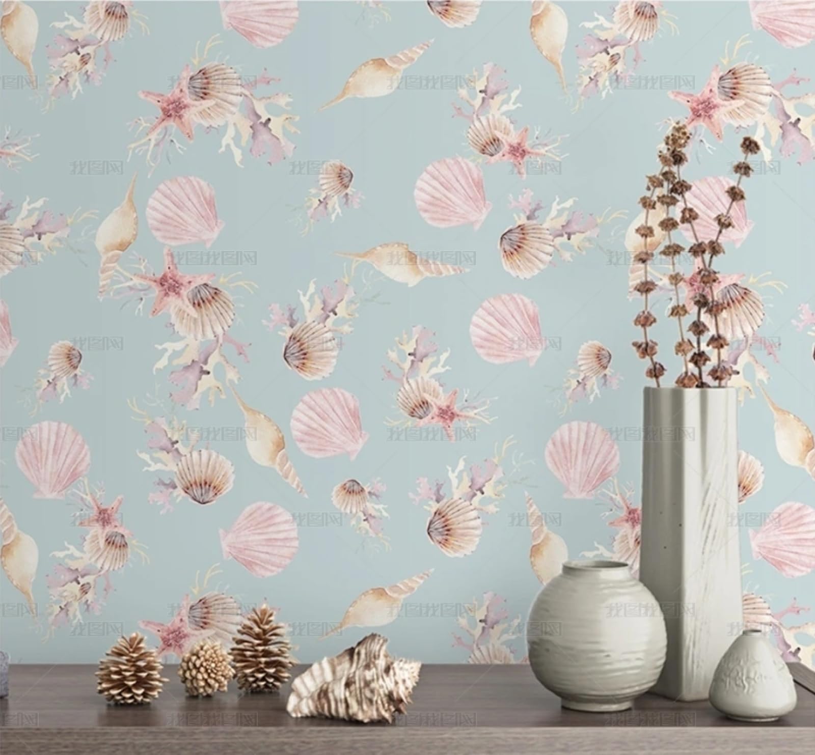 Papier peint autocollant pour salon et chambre motif coquillage bleu pour ambiance côtière