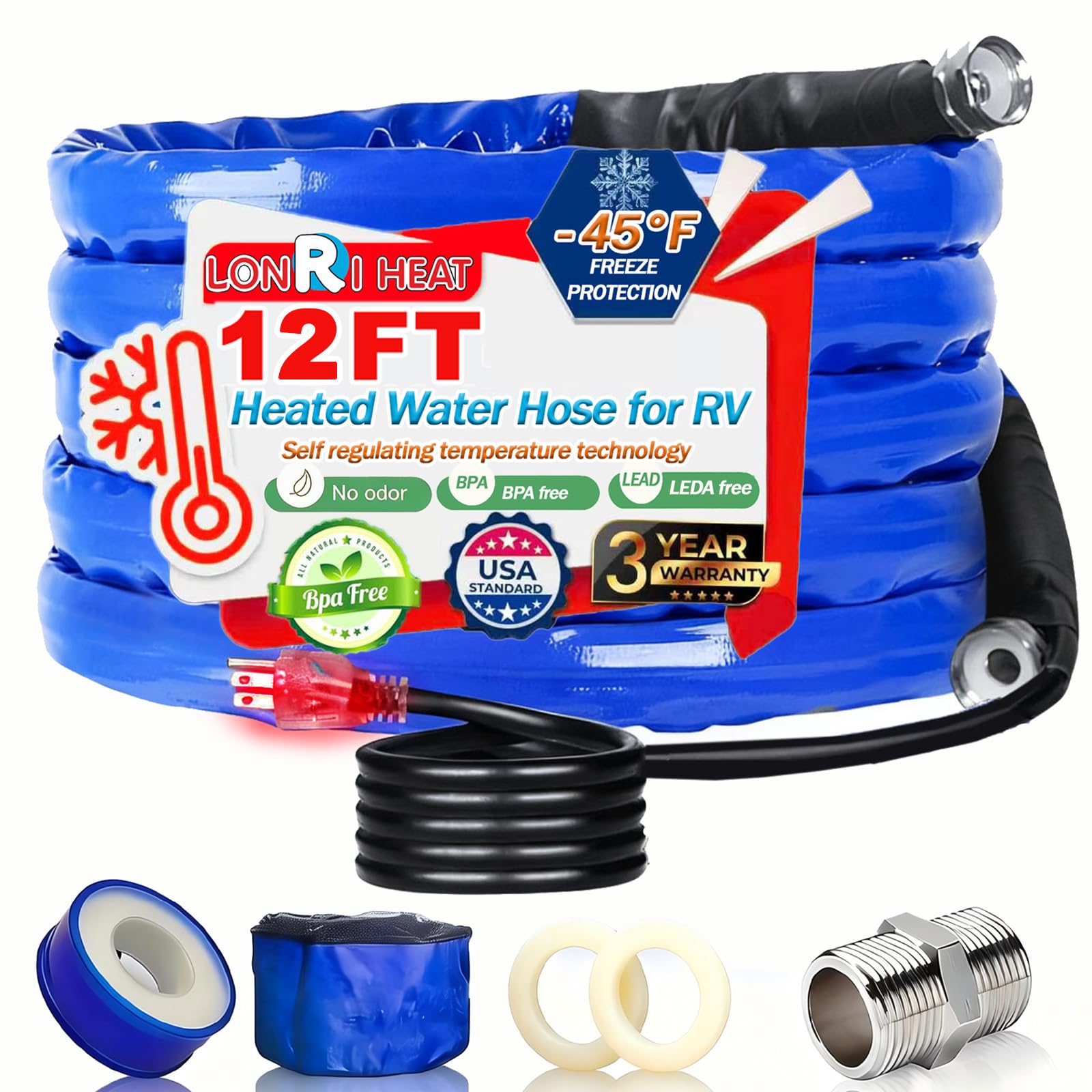 12FT Heated Rv Water Hose Camper Water Drinking Water Safe Garden Hose -45 ℉ with Electrically Heated, Lead and Bpa Free, 3/4" Adapter, Led Plug, for Rv Camper/Home Winter Accessoriesose.